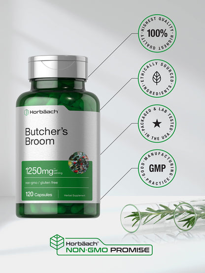 Butchers Broom Capsules 1250mg | 120 Count | Non-GMO, Gluten Free | Traditional Herb HorbäachUS supplements