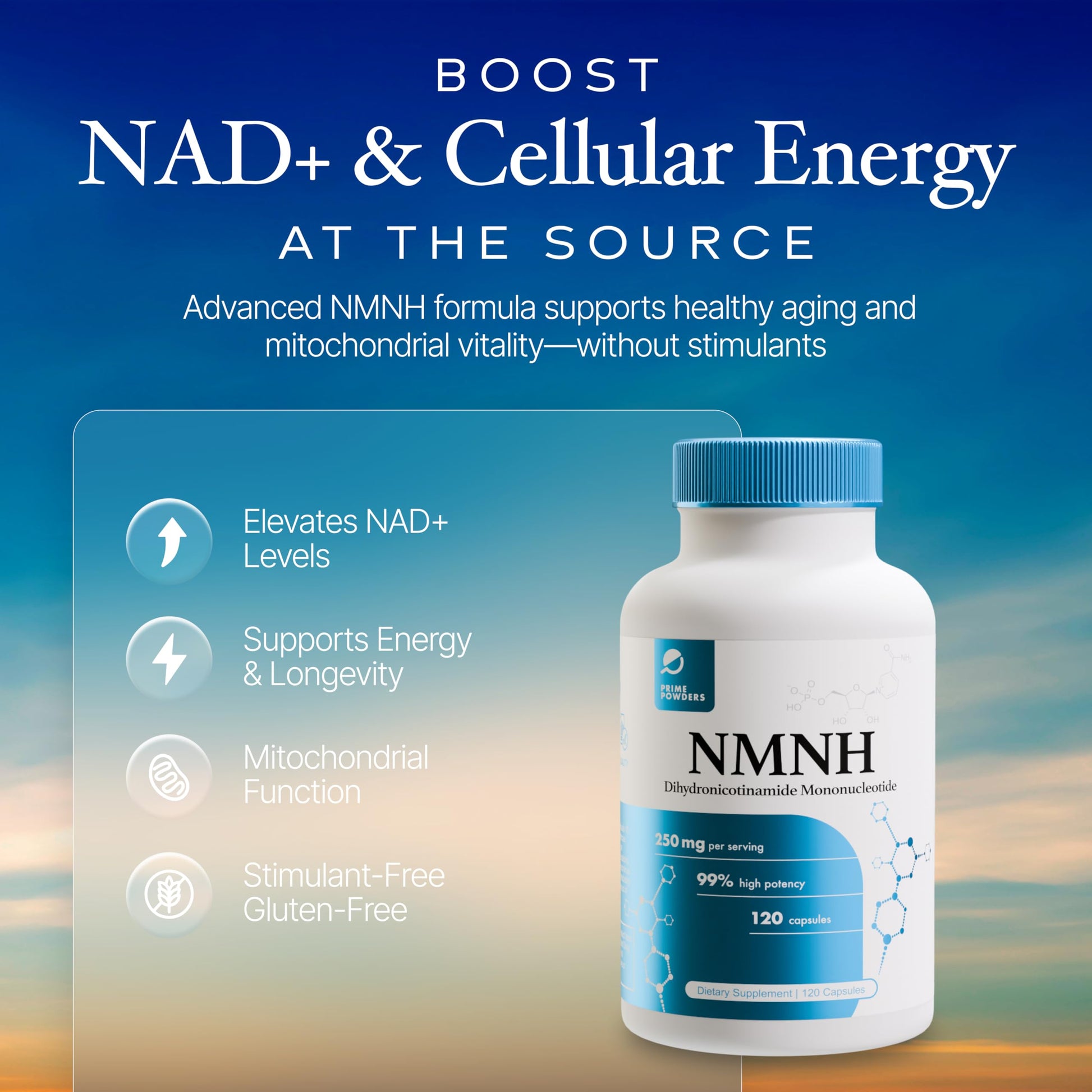 Prime Powders NMNH: Dihydronicotinamide Mononucleotide (120 Capsules) NAD+ Support NR NAD Supplement Prime PowdersAu supplements