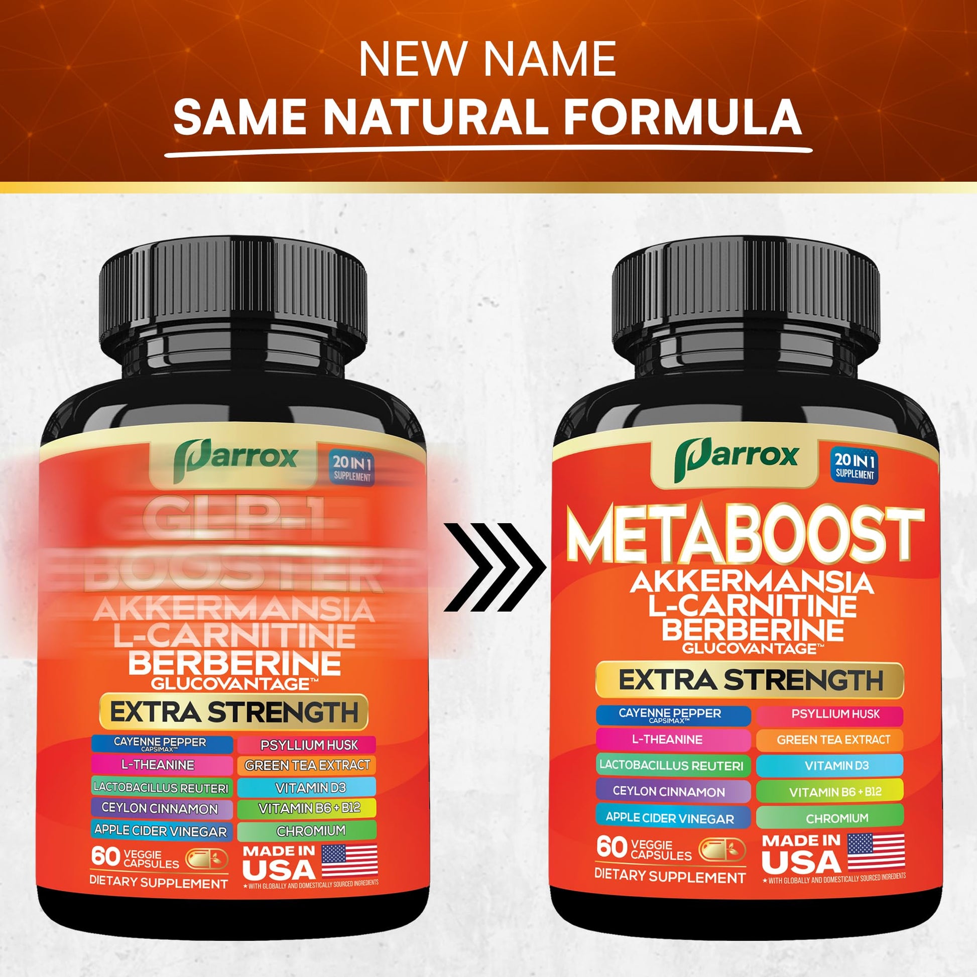 GLP-1 Booster Supplement, Akkermansia, L-Carnitine, Berberine (GlucoVantage), Methylfolate, Methylated B12, Chromium, Capsimax, Psyllium Husk, Probiotics Vitamins D3, B6, 20-in-1 Plant-Based (60 Caps) ParroxAu supplements