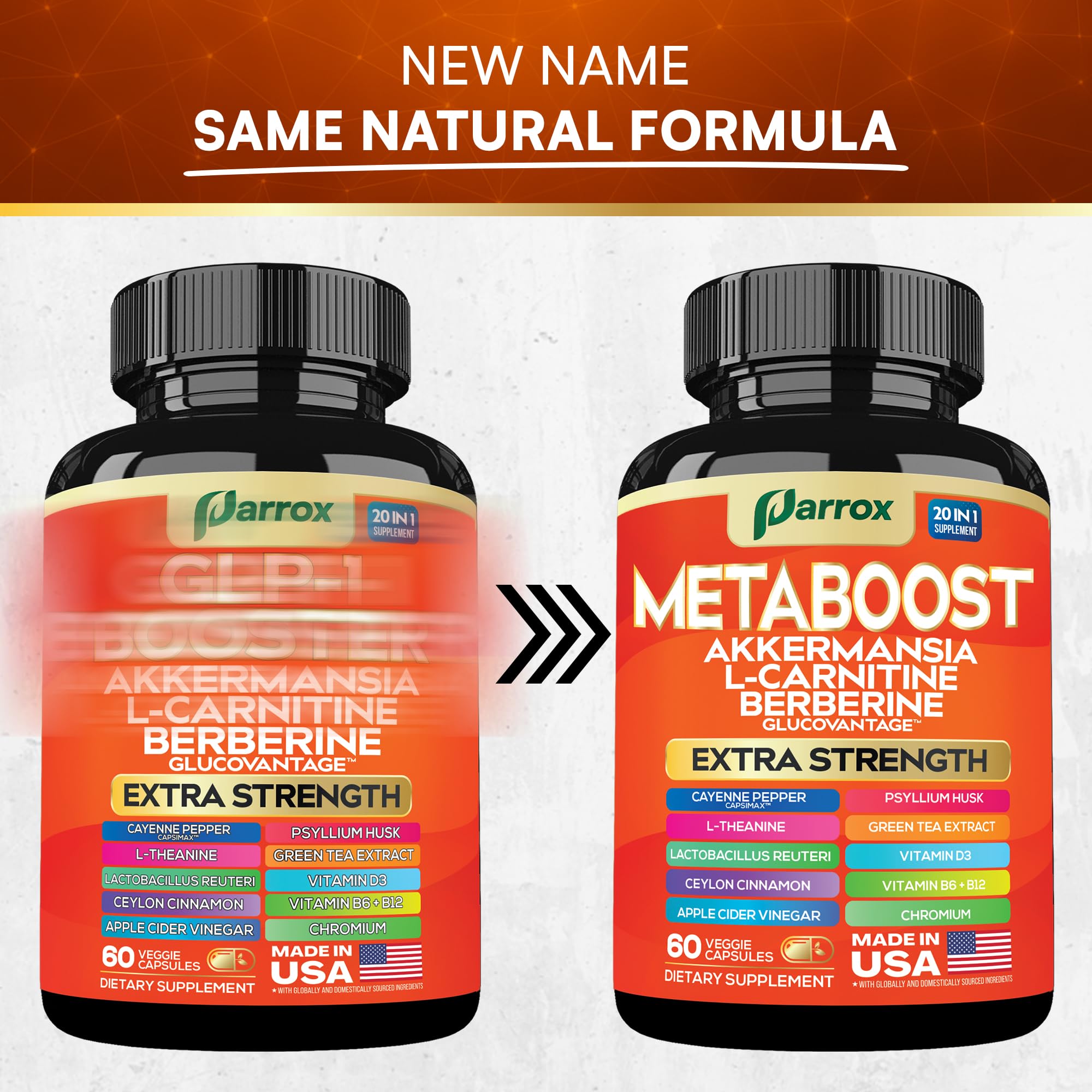 GLP-1 Booster Supplement, Akkermansia, L-Carnitine, Berberine (GlucoVantage), Methylfolate, Methylated B12, Chromium, Capsimax, Psyllium Husk, Probiotics Vitamins D3, B6, 20-in-1 Plant-Based (60 Caps) ParroxAu supplements