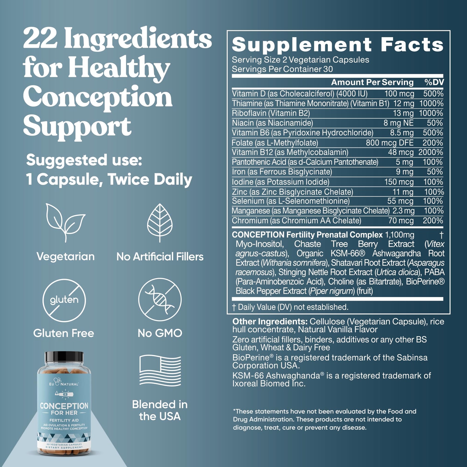 Eu Natural Conception for Her Fertility Supplements for Women - Ovulation, Hormonal Balance & Regular Cycle Support - Myo-Inositol, Folate, Folic Acid & Vitex - 60 Vegetarian Capsules Eu NaturalAu supplements