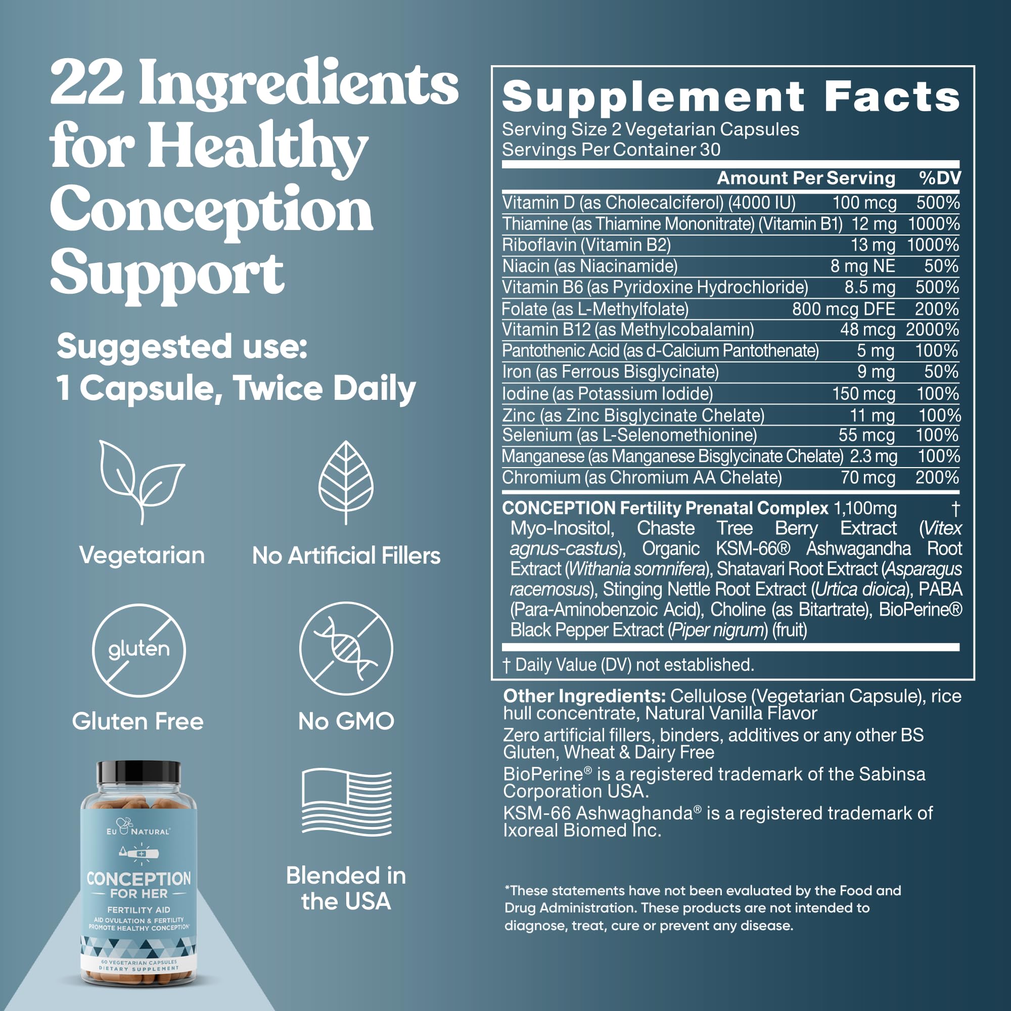 Eu Natural Conception for Her Fertility Supplements for Women - Ovulation, Hormonal Balance & Regular Cycle Support - Myo-Inositol, Folate, Folic Acid & Vitex - 60 Vegetarian Capsules Eu NaturalAu supplements