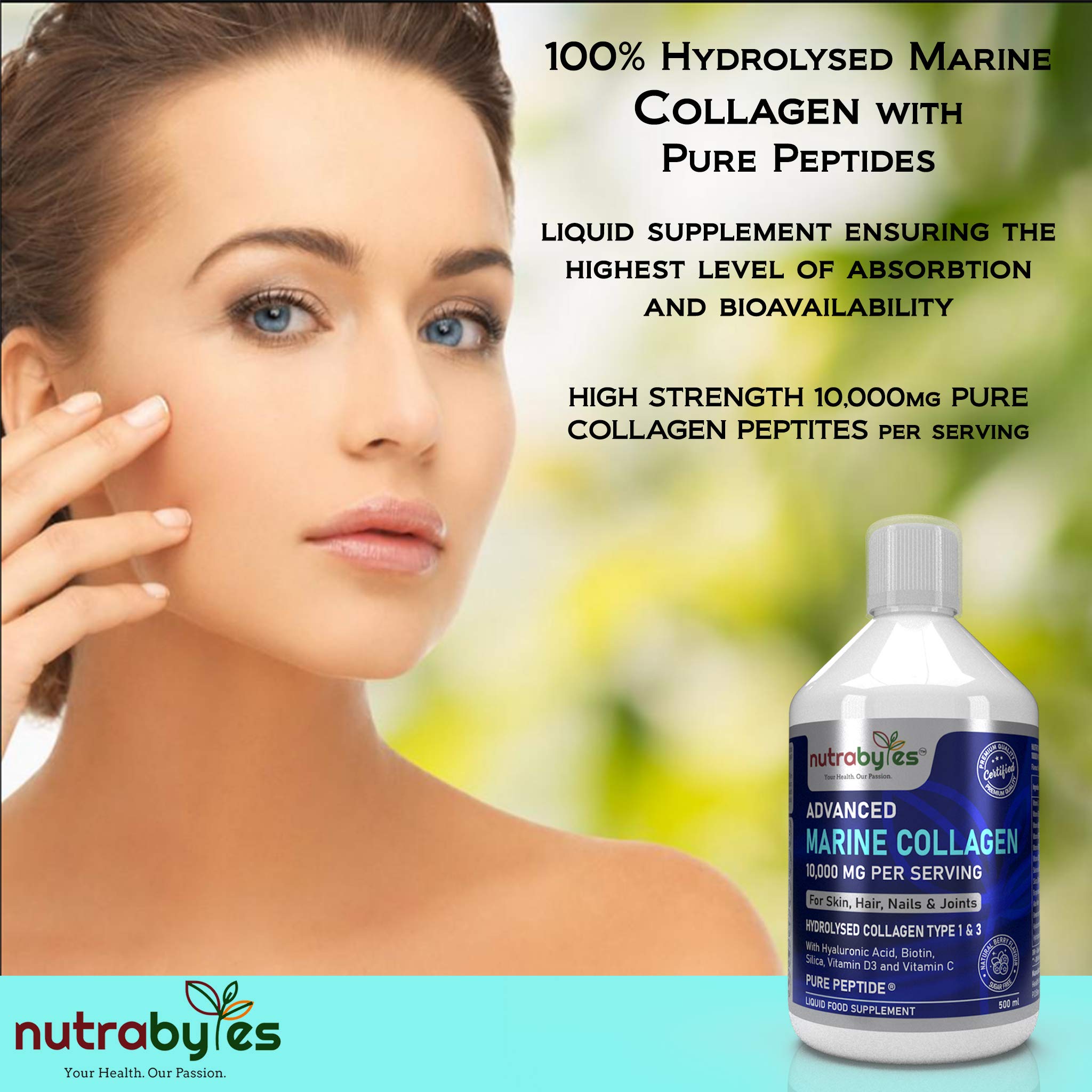 Marine Collagen Liquid 10000mg Sugar Free, Hydrolysed Peptides | Hyaluronic Acid, Biotin, Silica, Vitamin C, Vitamin D3 NUTRABYTESAu supplements