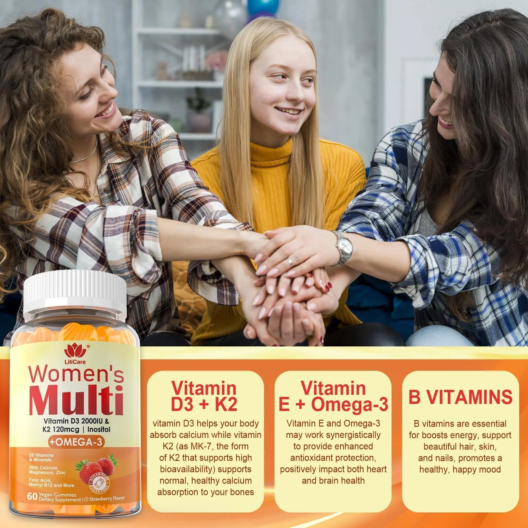 Womens Multivitamin Gummy with Omega 3（DHA/EPA), Vitamin D3 K2, Calcium, Inositol, Daily Womens Vitamin A C E B Complex LILICAREAu supplements