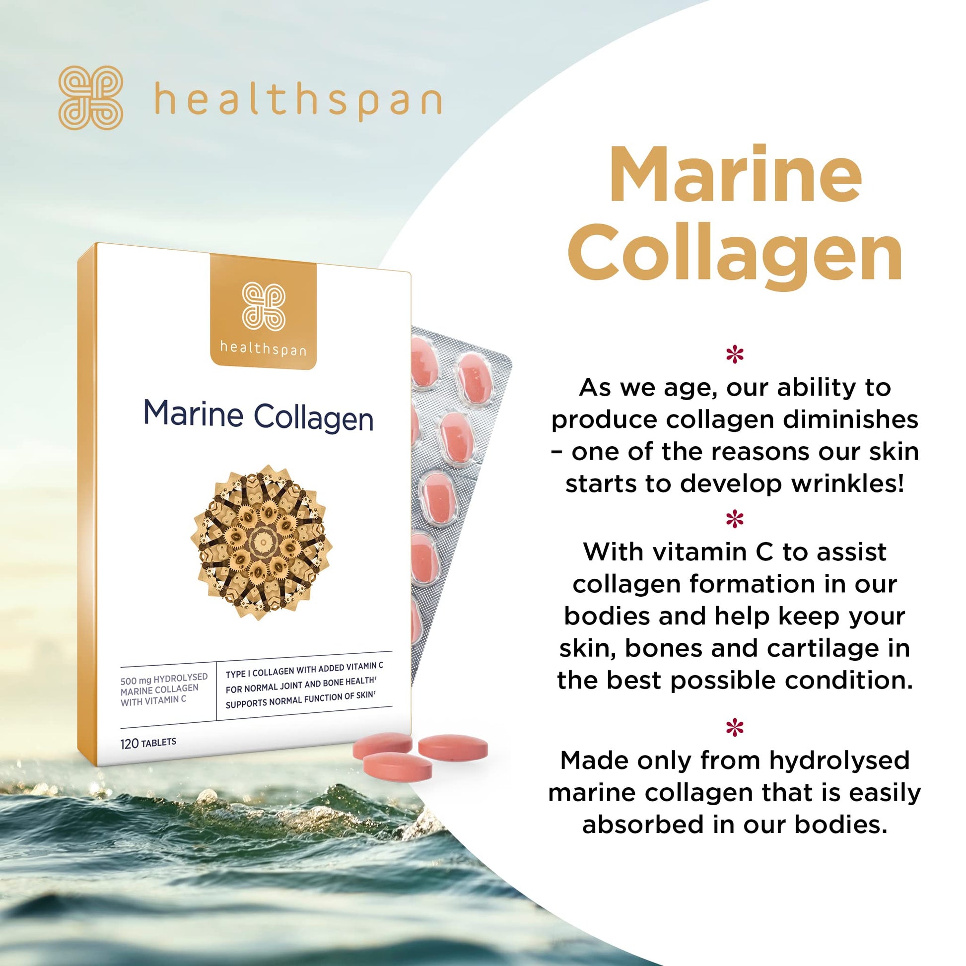 Healthspan Marine Collagen 500mg (120 Tablets) | Hydrolysed Type I Marine Collagen healthspanAu supplements