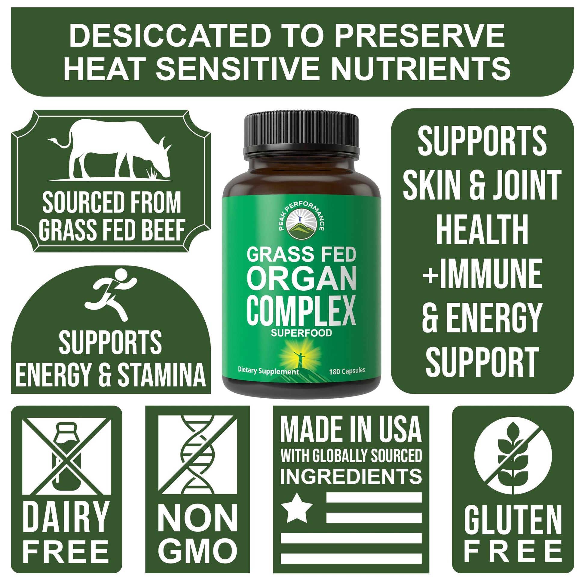 Peak Performance Grass Fed Beef Organ Complex from New Zealand (180 Capsules) Desiccated Organs Superfood Pills. GrassFed Beef Liver Capsules with Heart, Kidney, Pancreas, Spleen. Supplement Peak PerformanceAu supplements