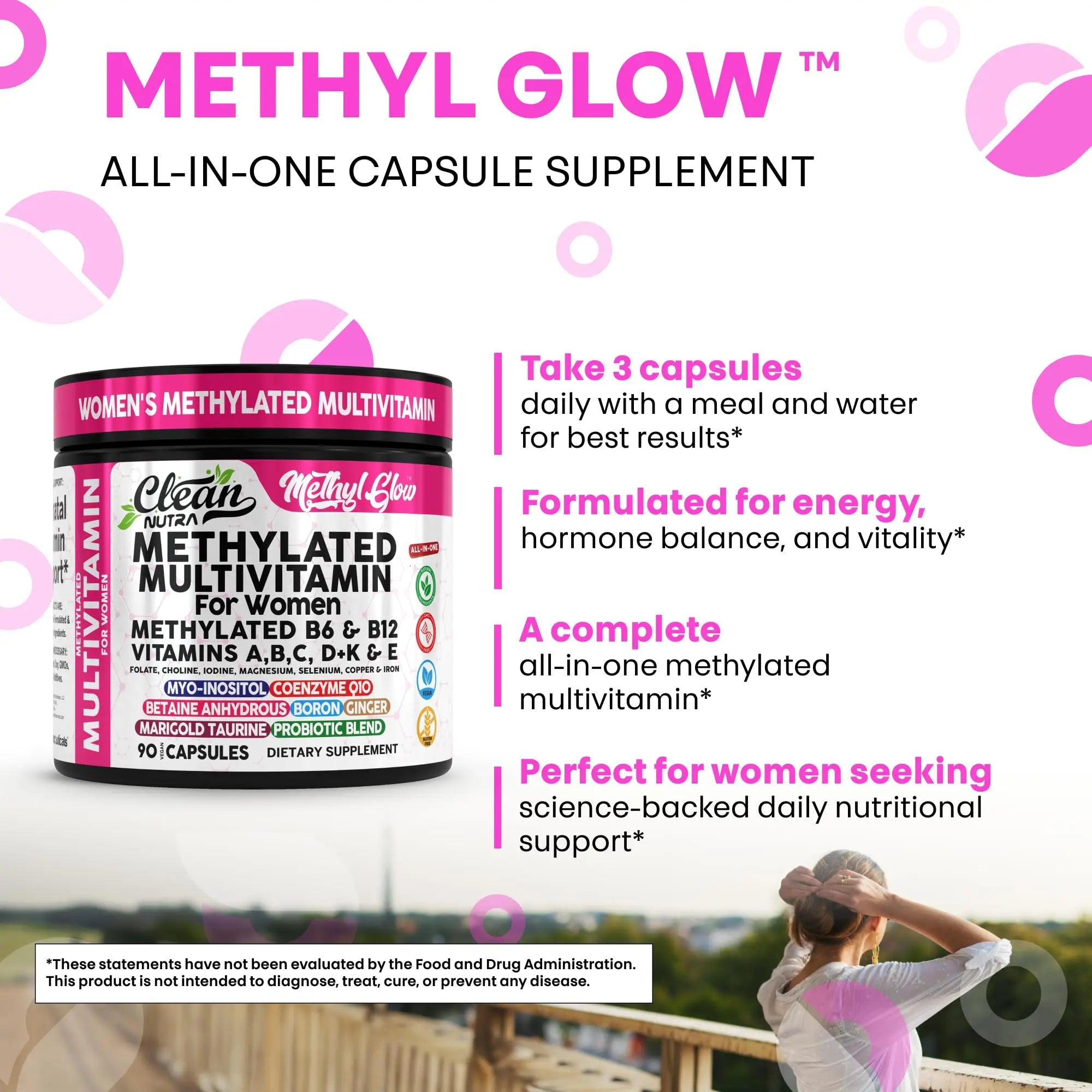 Methylated Multivitamin for Women Vitamins B6 Methyl B12 A B C D K E Folate Choline Omega 3 Thiamine Riboflavin Iron Clean NutraceuticalsAu supplements