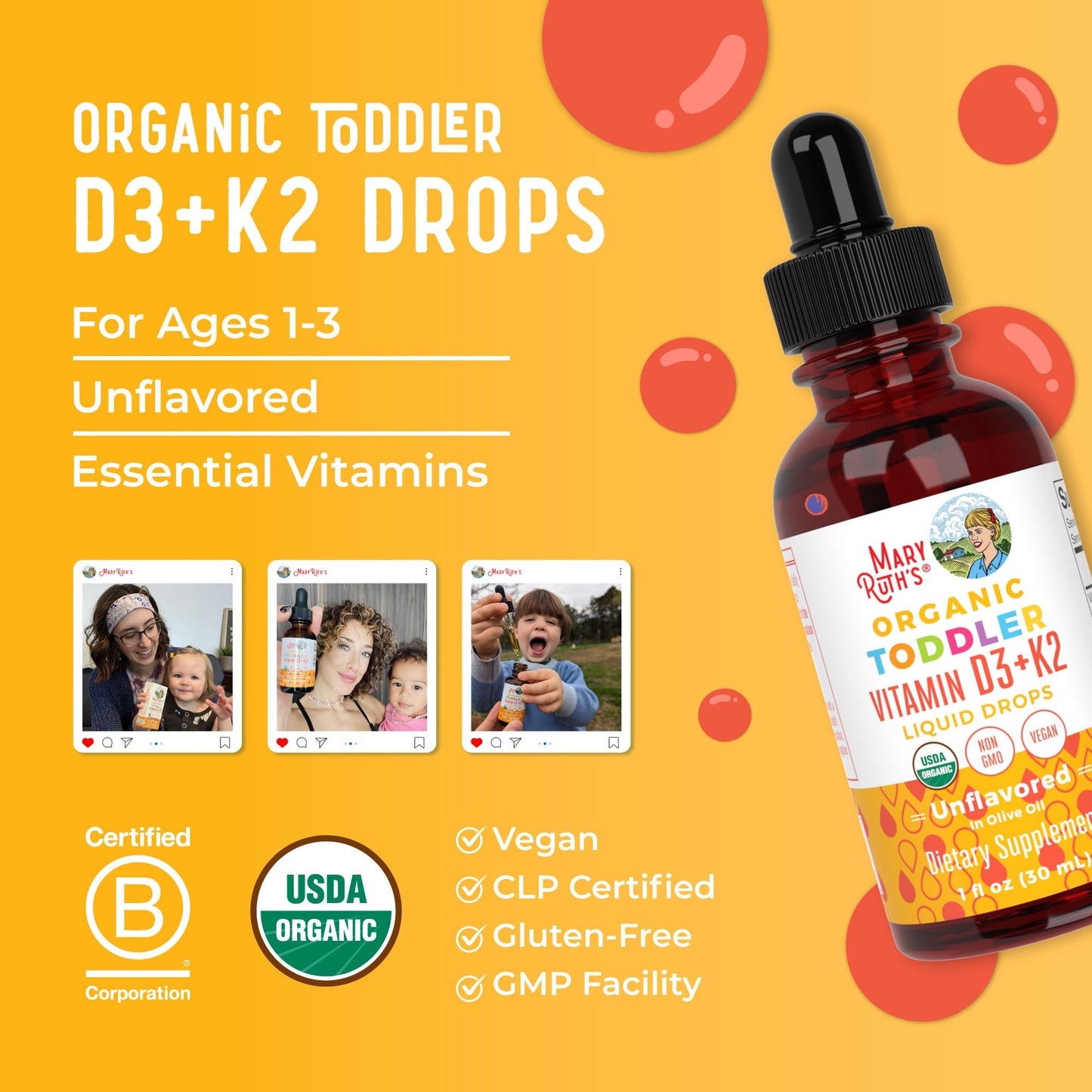 MaryRuth Organics Vitamin D3 | Vitamin K2 | Vitamin D3 K2 Drops | K2 D3 Vitamin Liquid Supplement for Toddlers | Kids Supplement for Calcium Absorption Strong Bones | Vegan | Gluten Free | 1 Fl Oz MARYRUTH'SUS supplements