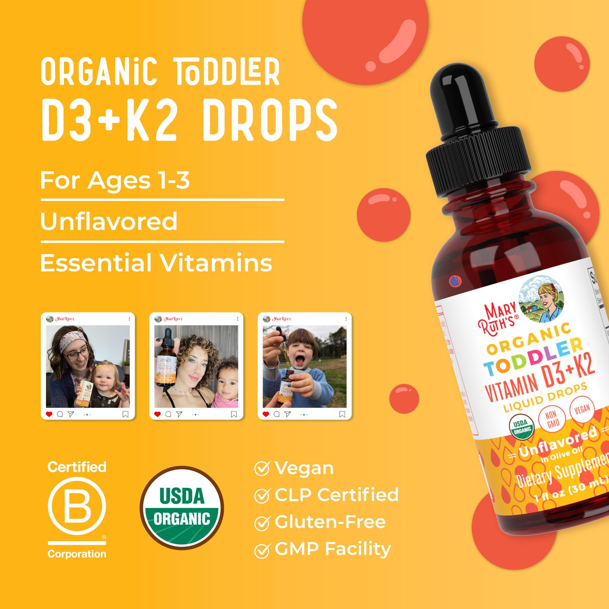 MaryRuth Organics Vitamin D3 | Vitamin K2 | Vitamin D3 K2 Drops | K2 D3 Vitamin Liquid Supplement for Toddlers | Kids Supplement for Calcium Absorption Strong Bones | Vegan | Gluten Free | 1 Fl Oz MARYRUTH'SUS supplements