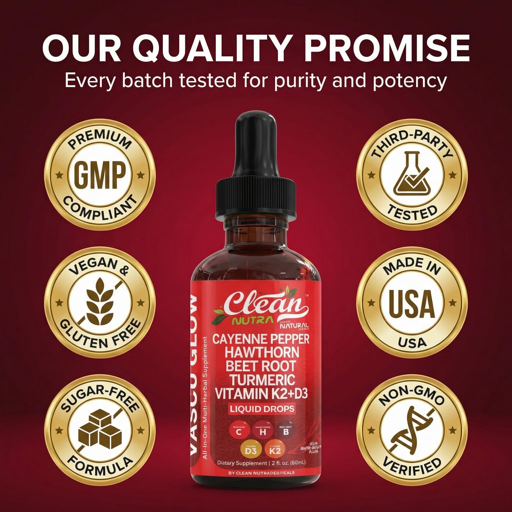 Clean Nutra Cayenne Pepper Drops Supplement Liquid + Hawthorn Berry, Vitamin D3 K2 Beet Root Powder, Ceylon Cinnamon, Turmeric Curcumin
