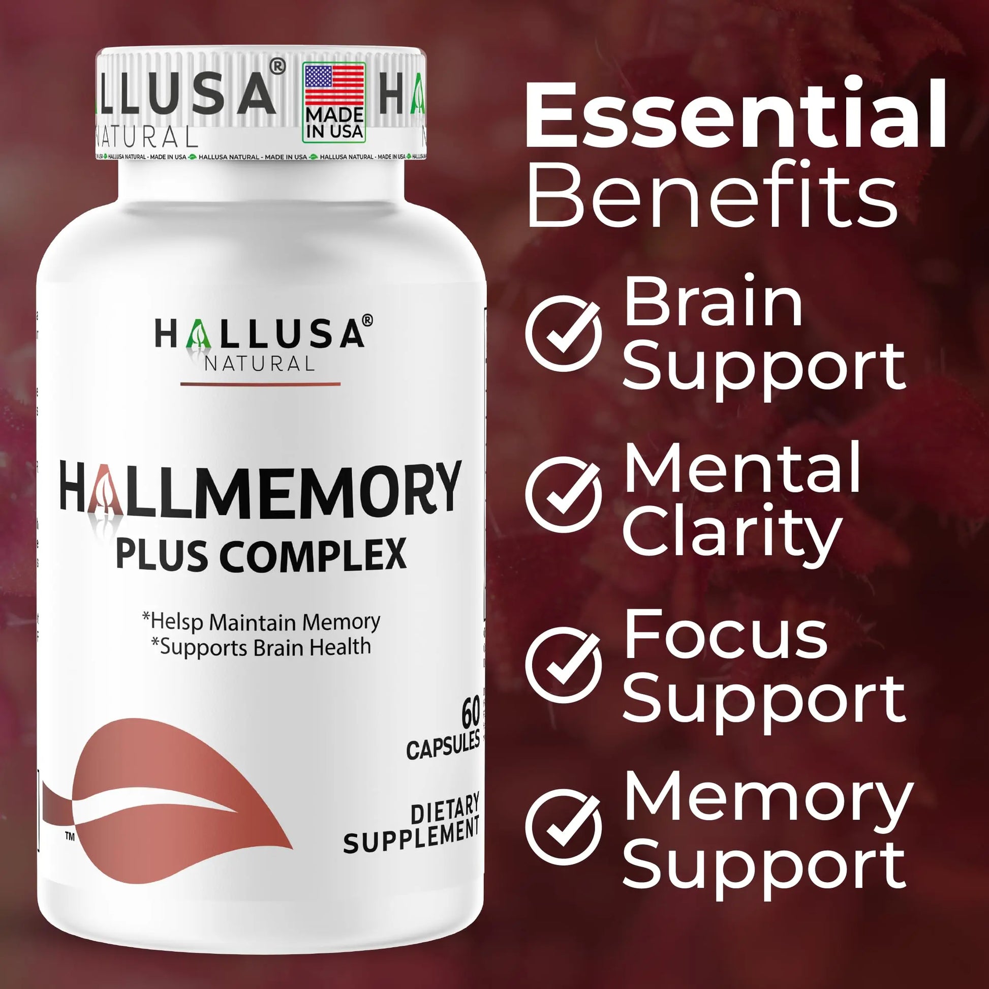 Hallusa Natural Brain Health Supplement Capsules 1680mg, Ginkgo Biloba, B Vitamins & Choline, Memory & Focus Support, Brain Booster for Men & Women, 60 Count Hallusa Naturalnz supplements