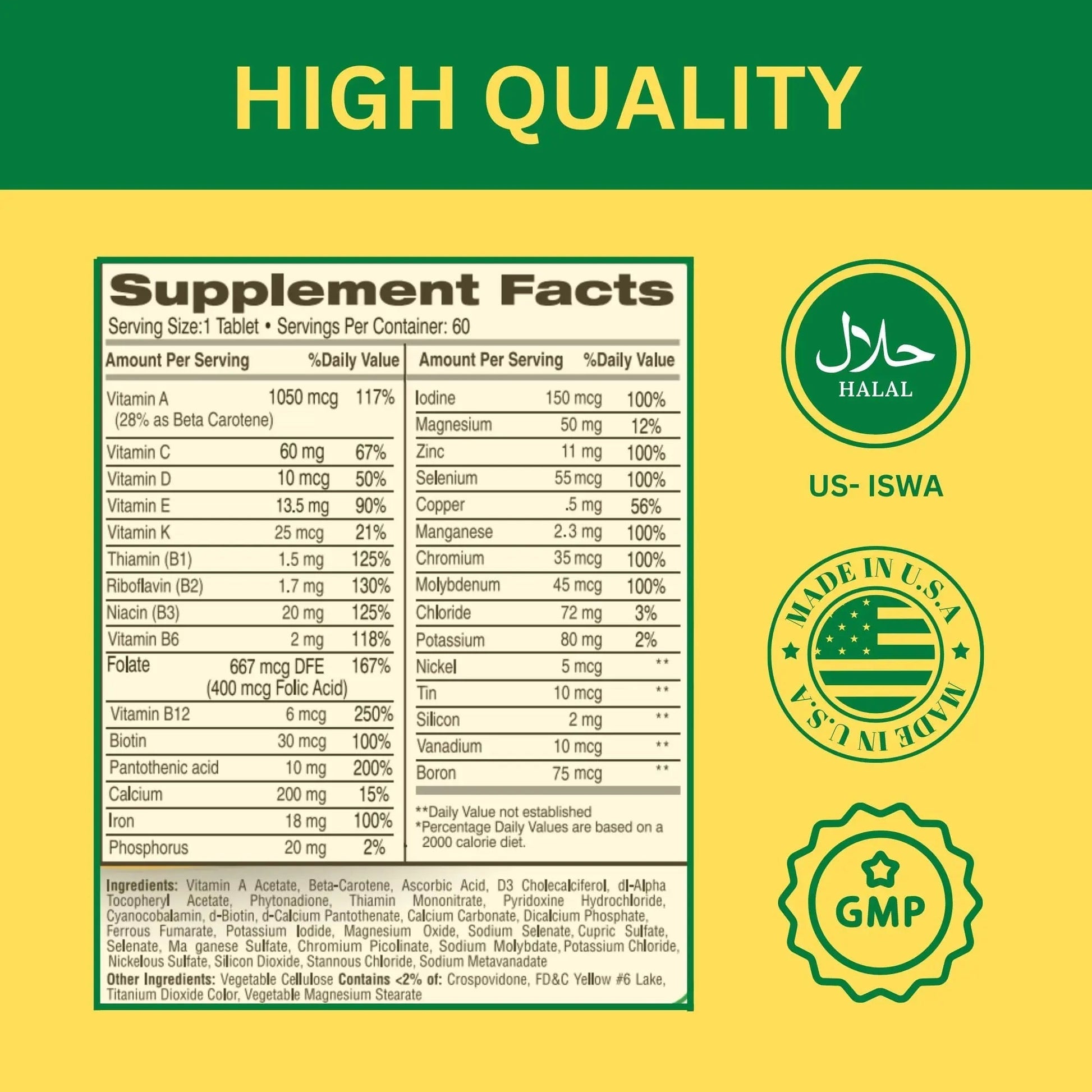 Greenfield Nutritions Halal Multivitamins for Women and Men - 60 Gelatin Free Multivitamin Tablets with 27+ Vitamin Minerals, A, B12, C, D3, Iron and Zinc GREEN FIELD NUTRITIONSAu supplements