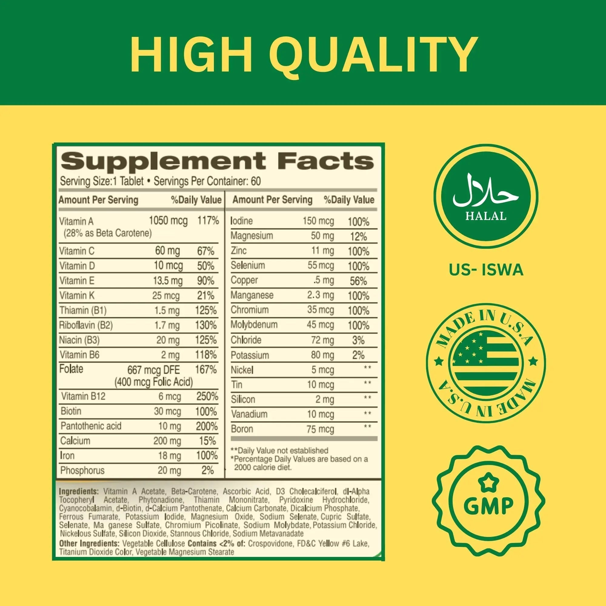 Greenfield Nutritions Halal Multivitamins for Women and Men - 60 Gelatin Free Multivitamin Tablets with 27+ Vitamin Minerals, A, B12, C, D3, Iron and Zinc GREEN FIELD NUTRITIONSAu supplements