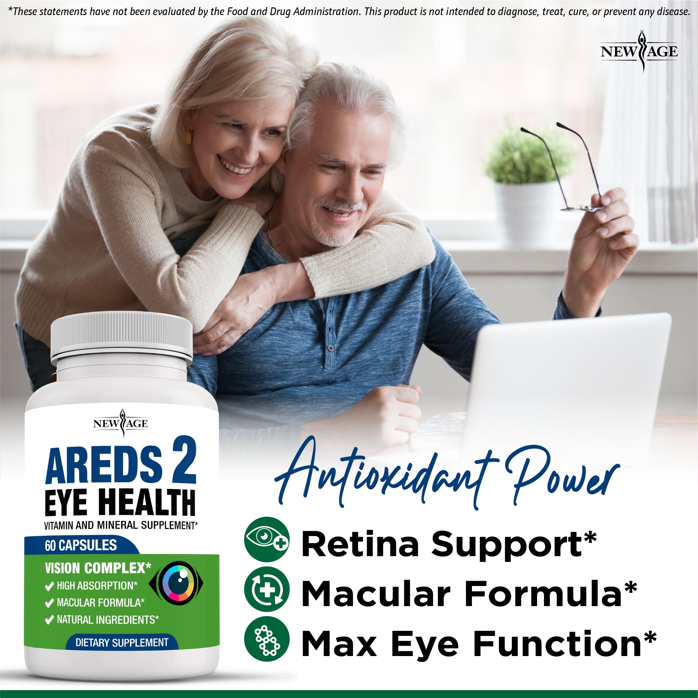 NEW AGE AREDS 2 Eye Vitamins - Lutein, Zeaxanthin, Bilberry, Astaxanthin Mineral Vision Supplement - 180 Count NEW AGEAu supplements