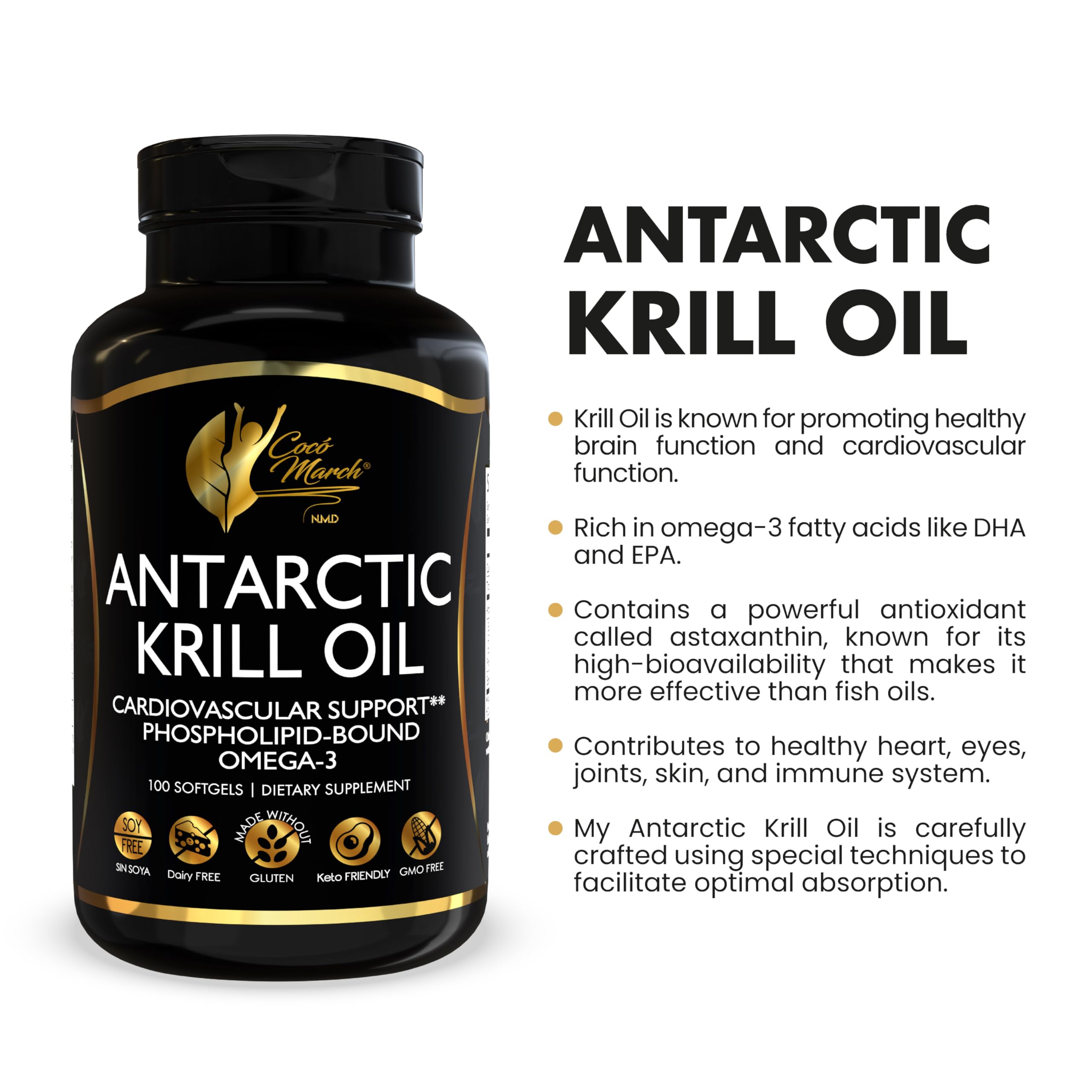 Cocó March N.M.D Pure Antarctic Krill Oil 1000mg – Omega 3 Fish Oil Supplement with EPA, DHA, Choline & Astaxanthin – Fast Absorption, Immune, Heart & Joint Support for Men & Women – 100 Softgels Cocó March N.M.DAu supplements