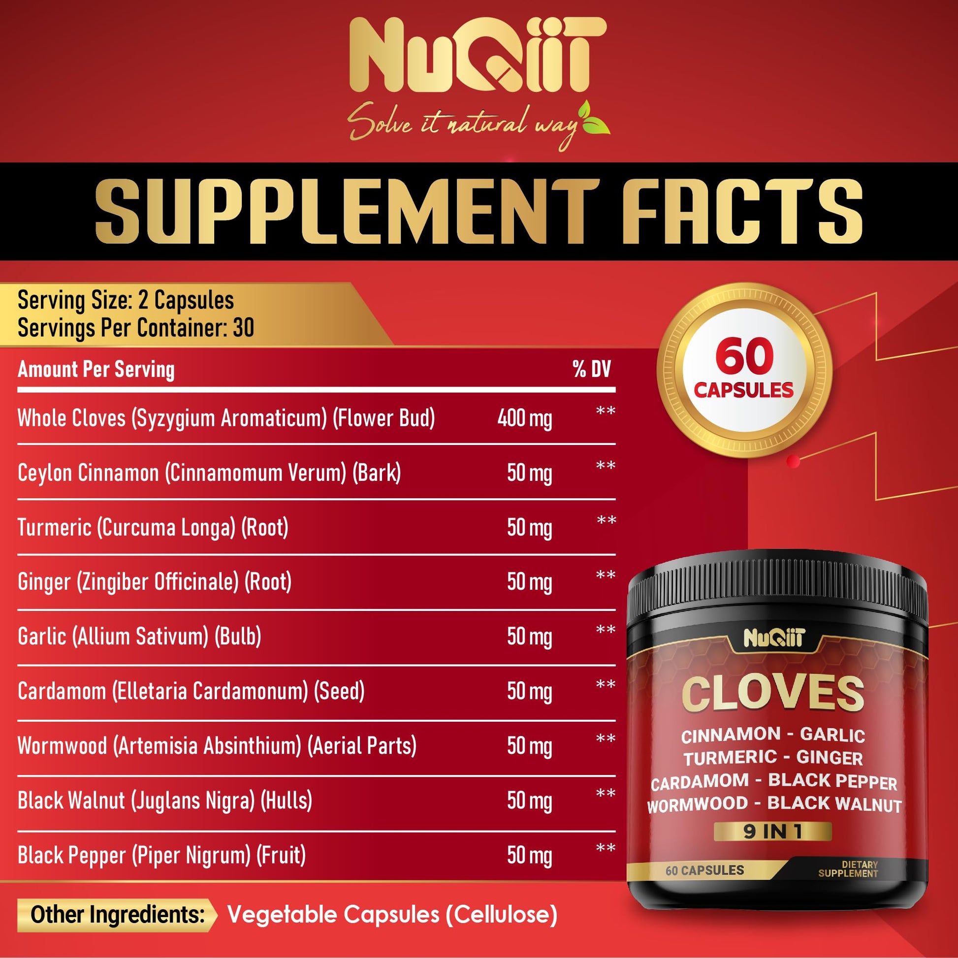 9in1 Clove Supplement Rich in Vitamins & Minerals for Digestive, Immune System, Bone & Heart Health with Cinnamon, Turmeric, Ginger, Cardamom, Garlic, Wormwood, Black Walnut - 60 Capsules - 30 Days NUQIITAu supplements