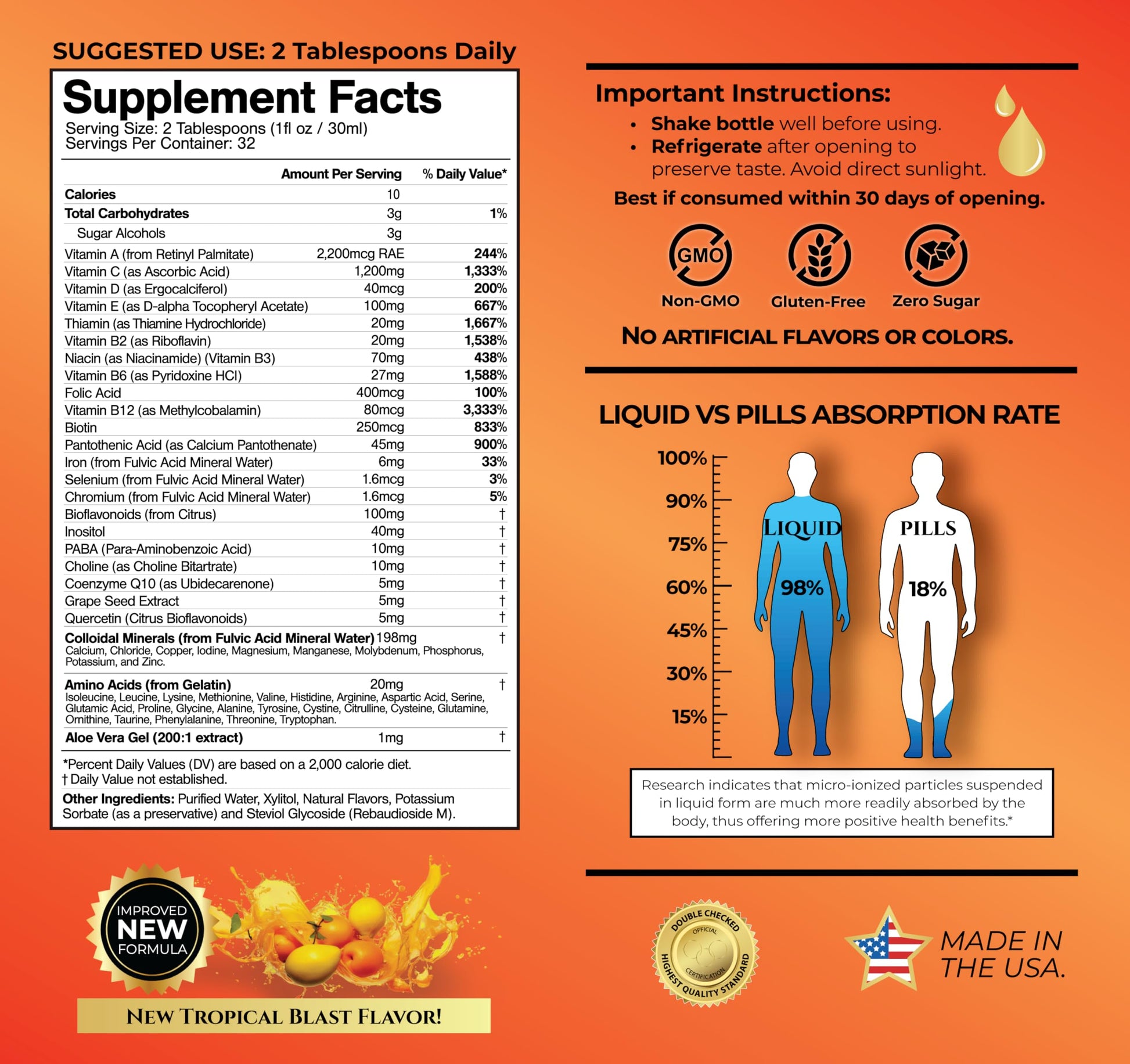 Mega Premium Liquid Multivitamin | Natural Immune Support Vitamin w/ 1333% Vitamin C, 200% D3, Zinc + 20 Vitamins, 70 Minerals, & 21 Amino Acids | Sugar Free | Orange Flavor | 98% Absorption | 32 Serv Tropical OasisAu supplements