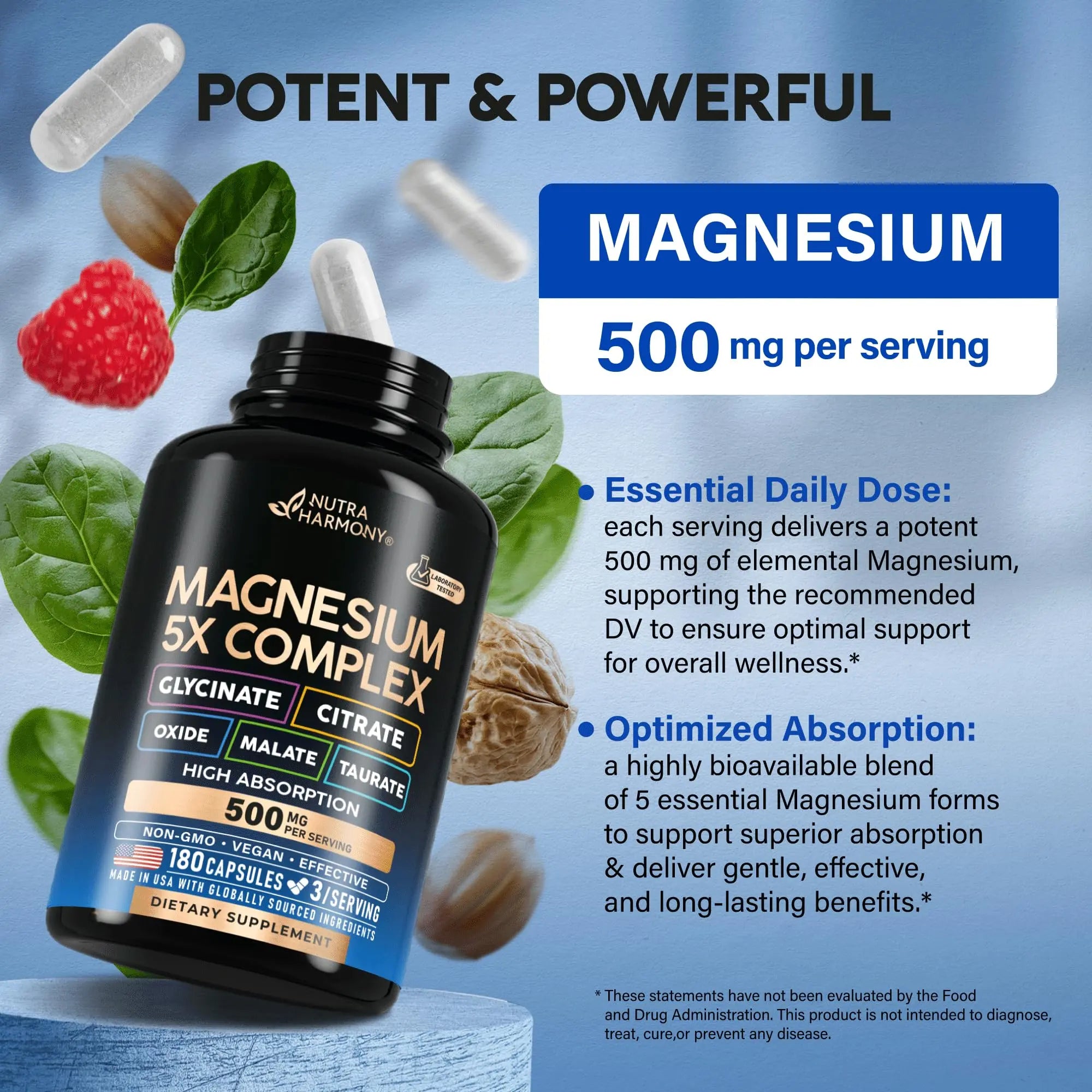 Magnesium Supplement - 5 in 1 Complex | Glycinate | Citrate | Malate | Taurate | Oxide - Made in USA - Stress, Muscle & Heart Support - Vegan, Natural, Non-GMO - 180 Capsules, 2 Month Supply NUTRAHARMONYnz supplements