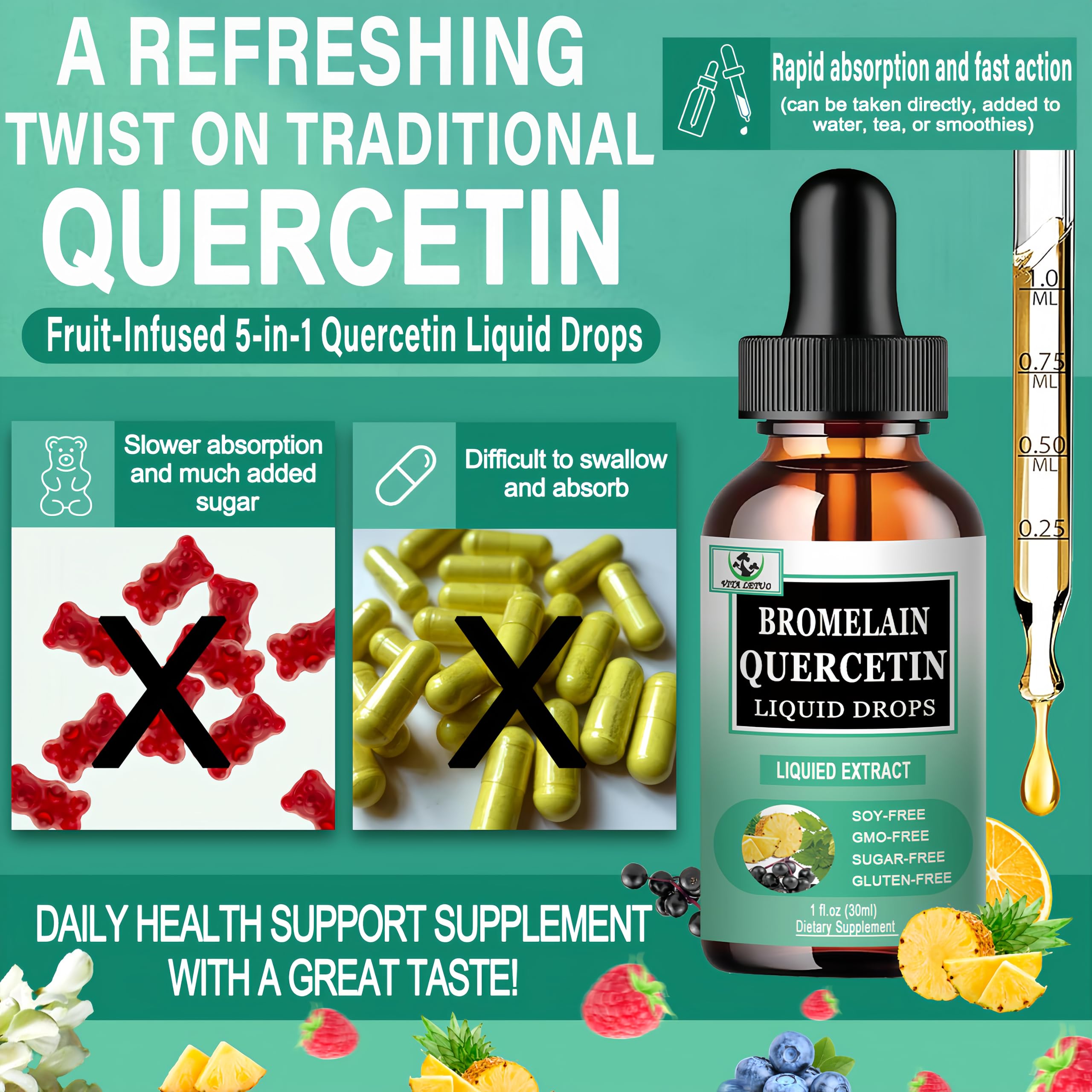 Quercetin Liquid Drops, Quercetin with Bromelain Elderberry Nettle Leaf Vitamin C Liquid Supplements, High Absorption Quercetin Liquid Drops for Women Men, Healthy Immune Antioxidant Support, Non-GMO Vita letuoAu supplements