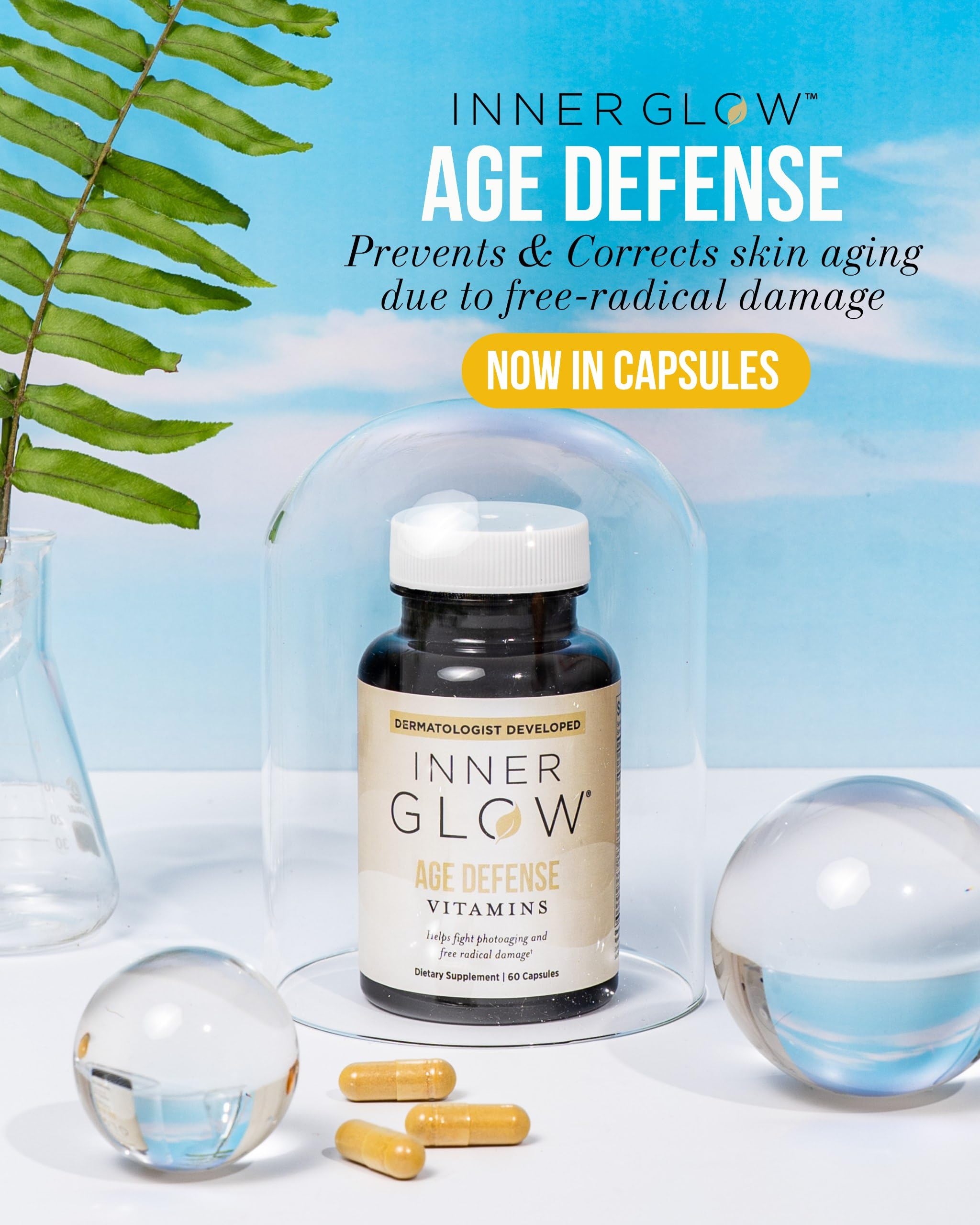 Inner Glow Age Defense Vitamins - Dermatologist and Plastic Surgeon Developed to Fight photoaging and Melasma, Polypodium Leucotomos Antioxidant Formula – Vegan, Gluten-Free – 60 Capsules Inner GlowAu supplements