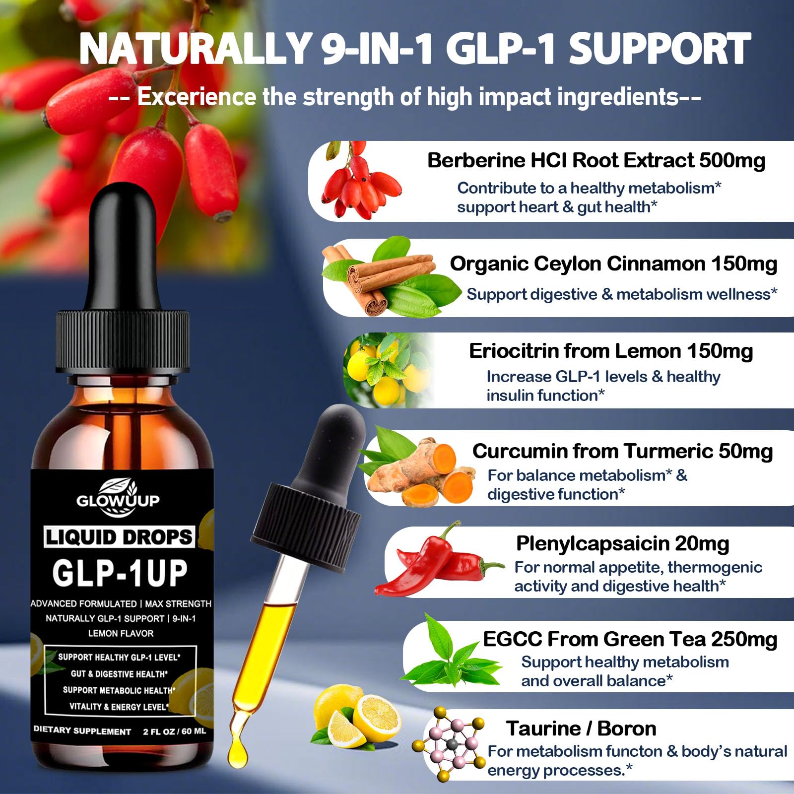 GLP-1 Supplement for Women & Men, 9-in-1 Naturally GLP-1 Support w. Berberine HCI Cyelon Cinnamon Green Tea Eriocitrin, GLP1 for Gut Digestion Metabolic, GLP-1 Drops 6X Stronger Than Capsules GLOVVUUPAu supplements