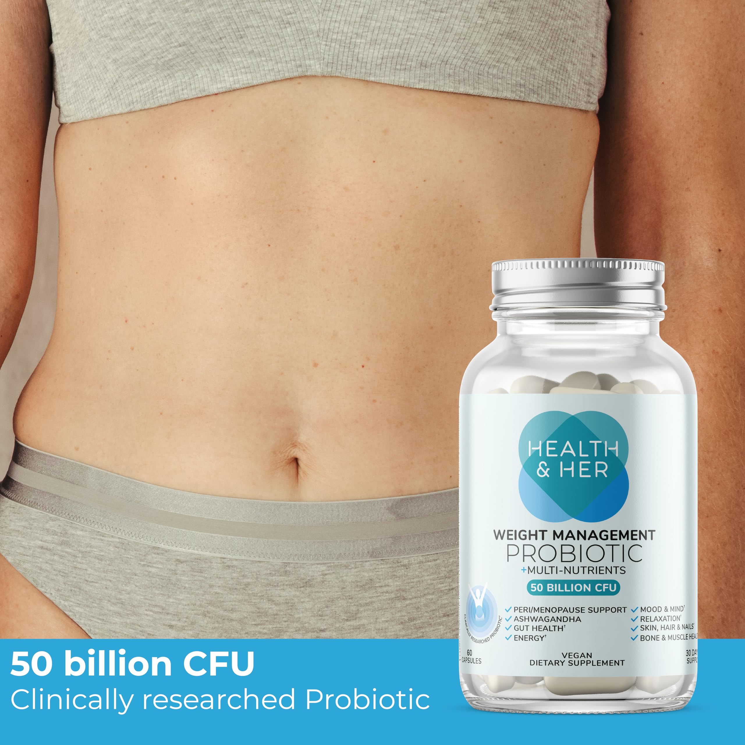 Health & Her Weight Management Probiotics for Women - Perimenopause & Menopause Supplement - Clinically Studied 50bn CFU Probiotics to Support Gut Health, Energy, Mood & Mind, Vegan (60 ct - 1 Month) Health and HerAu supplements