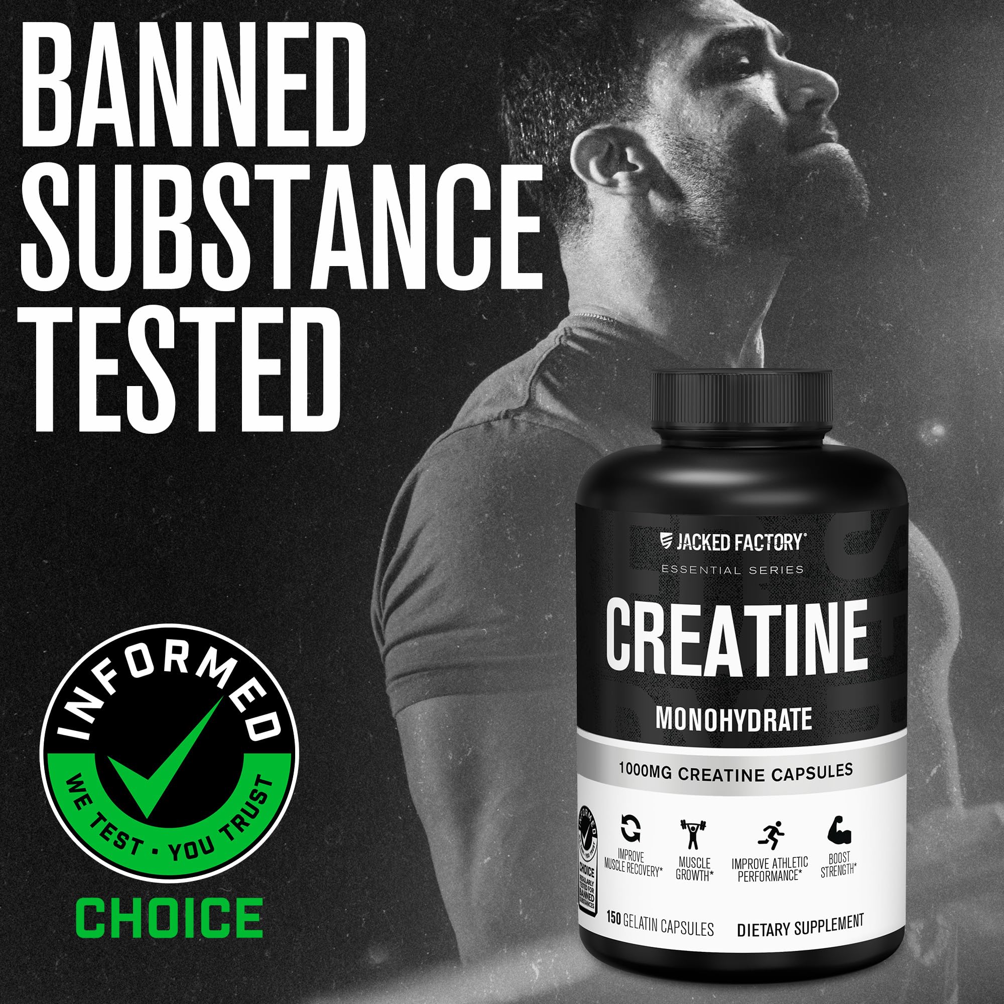 Jacked Factory Creatine Monohydrate Capsules - Creatine Pills for Muscle Growth, Increased Strength, Enhanced Energy Output and Improved Athletic Performance - 150 Capsules Jacked FactoryAu supplements