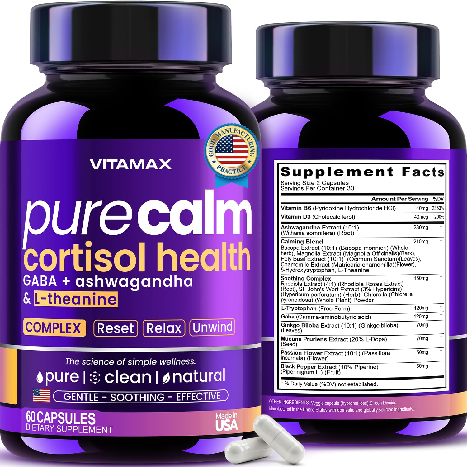 Vitamax Pure Calm Cortisol Supplements for Women - L Theanine, Ashwagandha, GABA for Relaxation, Mood & Stress Support with Ginkgo Biloba, Bacopa Monnieri, 5-HTP – Non-GMO, Made in USA – 60ct VitamaxAu supplements