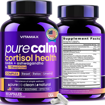 Vitamax Pure Calm Cortisol Supplements for Women - L Theanine, Ashwagandha, GABA for Relaxation, Mood & Stress Support with Ginkgo Biloba, Bacopa Monnieri, 5-HTP – Non-GMO, Made in USA – 60ct VitamaxAu supplements