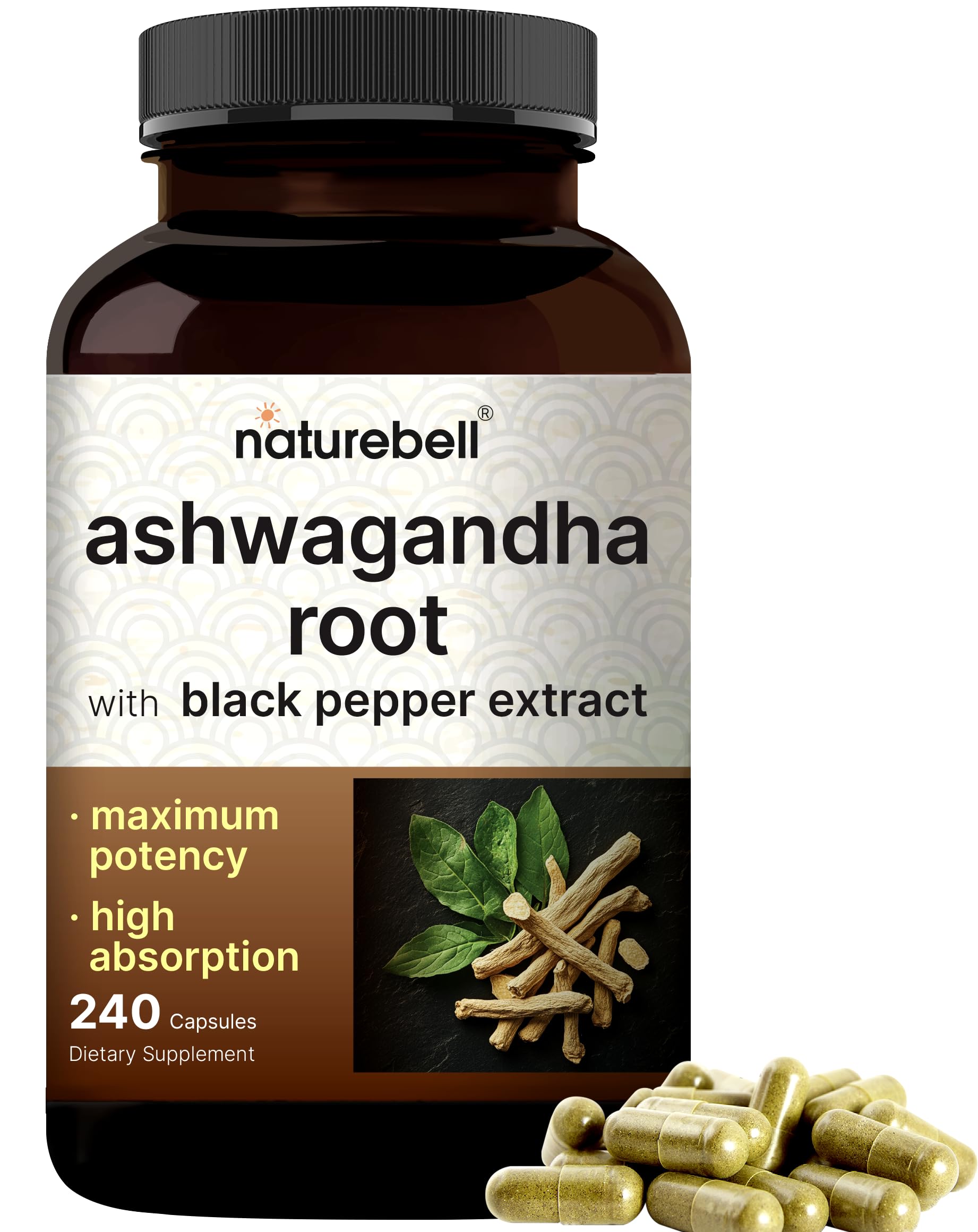 NatureBell Ashwagandha Root with Black Pepper Extract - 240 Capsules - High Strength Adaptogen for Calmness, Relaxation & Immune Support* NatureBellAu supplements