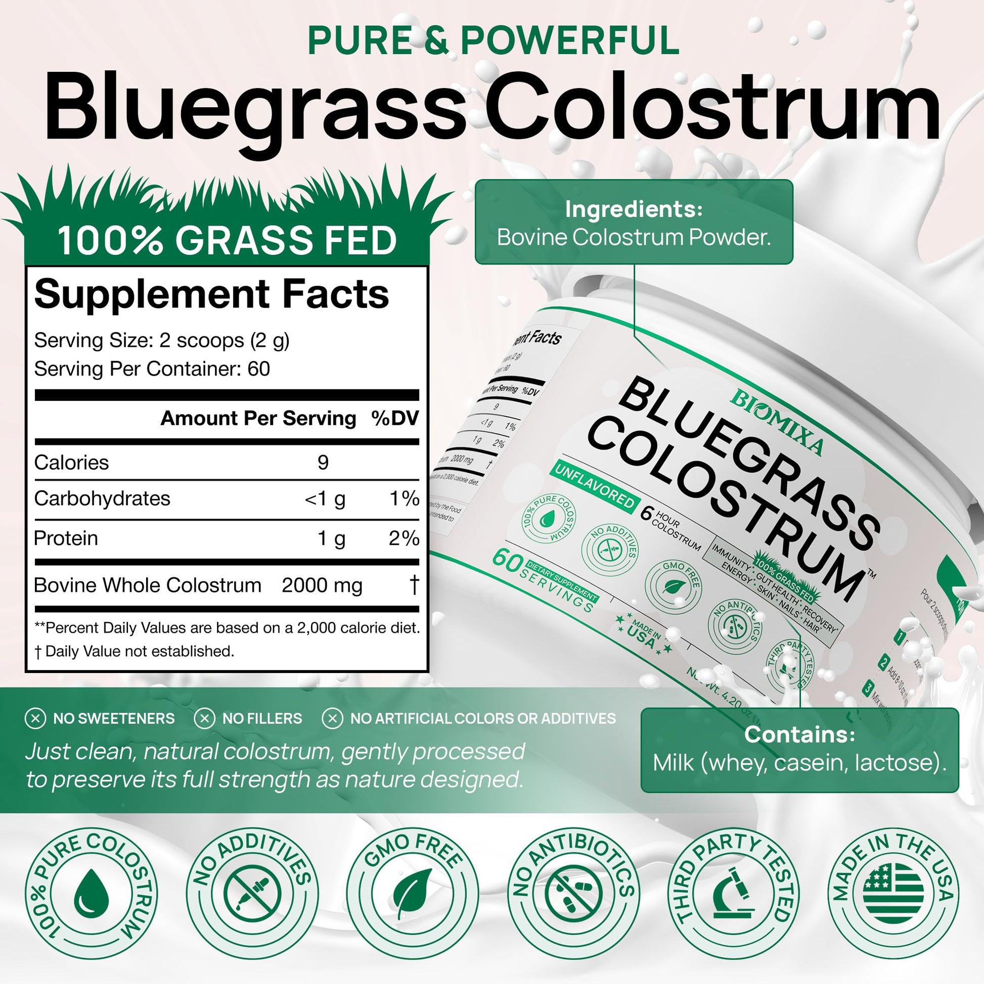 Bovine Colostrum Supplement - 100% Pure Whole Colostrum Powder - Grass-Fed, Unflavored, No Additives, Gut & Immune Support, Natural IgG, 60 Servings - Made in USA Bluegrass ColostrumAu supplements