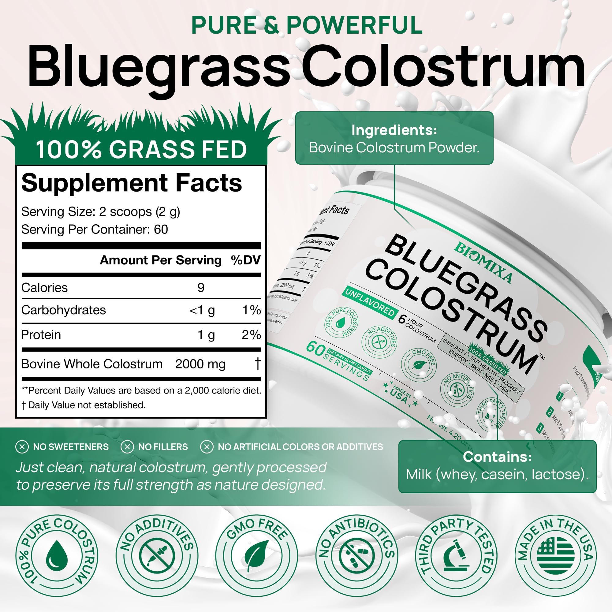 Bovine Colostrum Supplement - 100% Pure Whole Colostrum Powder - Grass-Fed, Unflavored, No Additives, Gut & Immune Support, Natural IgG, 60 Servings - Made in USA Bluegrass ColostrumAu supplements