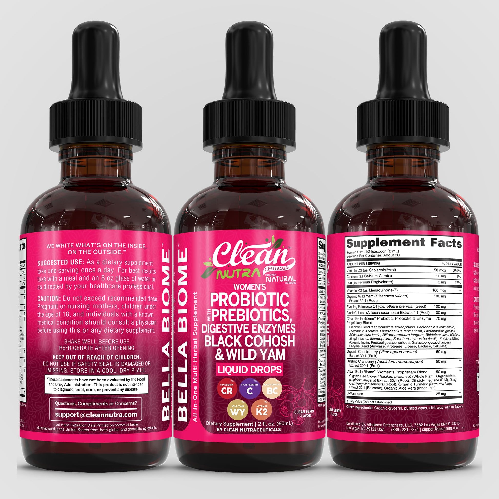 Liquid Probiotics for Women Drops with Chasteberry, Black Cohosh, Prebiotics, Digestive Enzymes, Evening Primrose Oil, Wild Yam, Cranberry Dmannose and Iron Vitamin D3 K2 Clean Nutra Bella Biotics Clean NutraceuticalsAu supplements