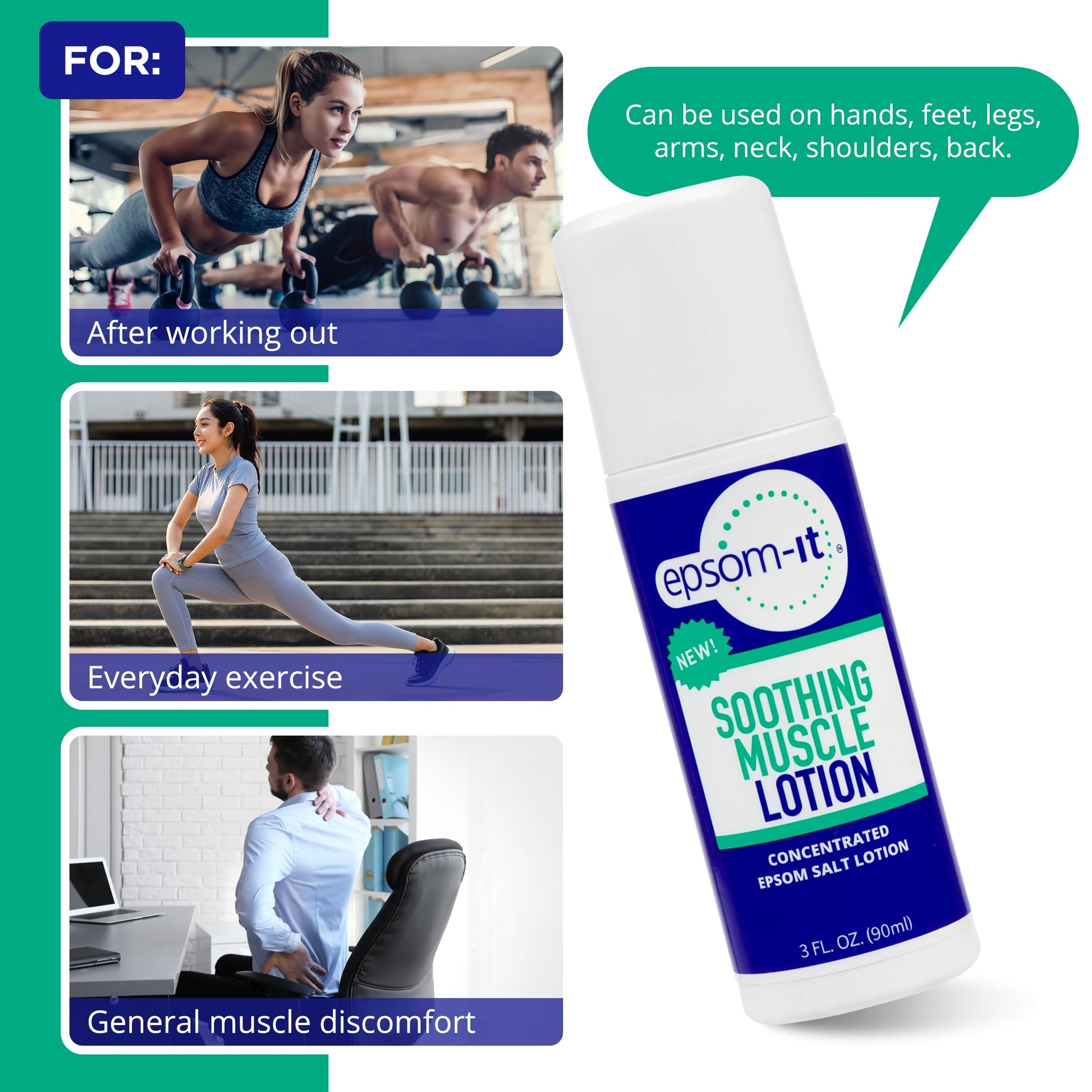 EPSOM-IT Soothing Muscle Lotion - Roll On Epsom Salt Lotion with Arnica for Muscle Stiffness, Leg, Knees and Feet Discomfort, Topical Magnesium Cream, 3oz, 2-Pack EPSOM-ITAu supplements