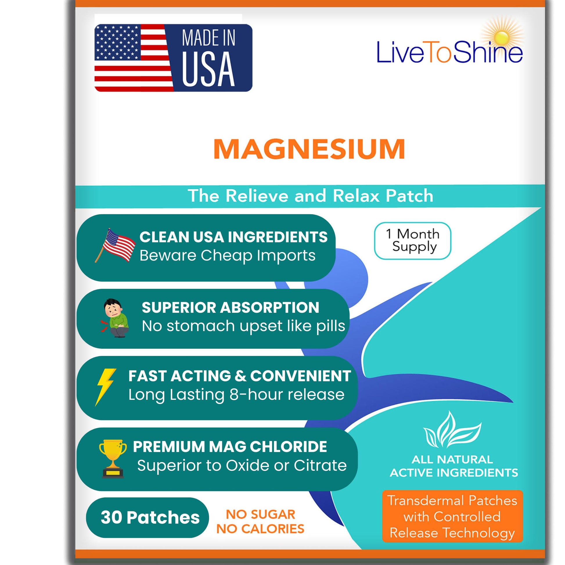Magnesium Patches for Men and Women - Sleep Support & Relaxation, Muscle Recovery, Nerve Function - USA Made - 30 Premium Fast-Acting, Slow-Release Patches - Live To Shine Live To ShineAu supplements