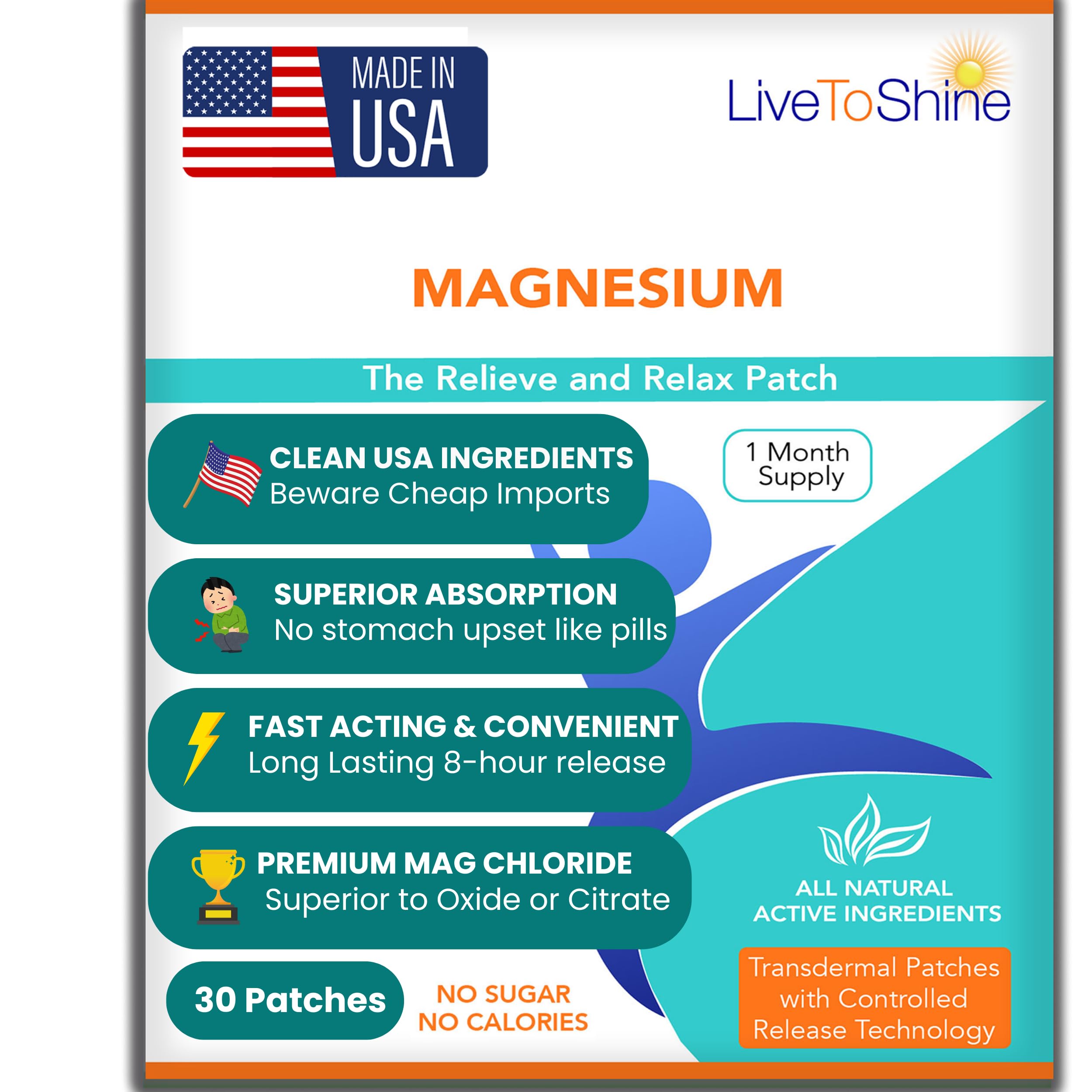 Magnesium Patches for Men and Women - Sleep Support & Relaxation, Muscle Recovery, Nerve Function - USA Made - 30 Premium Fast-Acting, Slow-Release Patches - Live To Shine Live To ShineAu supplements