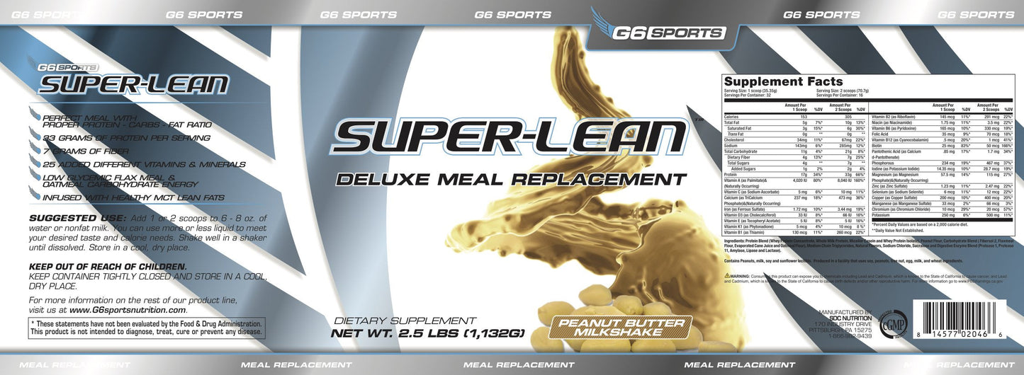 G6 Sports Nutrition Super-Lean Deluxe Meal Replacement (32g Protein, 7g Fiber, 25 Added G6 SportsUS supplements