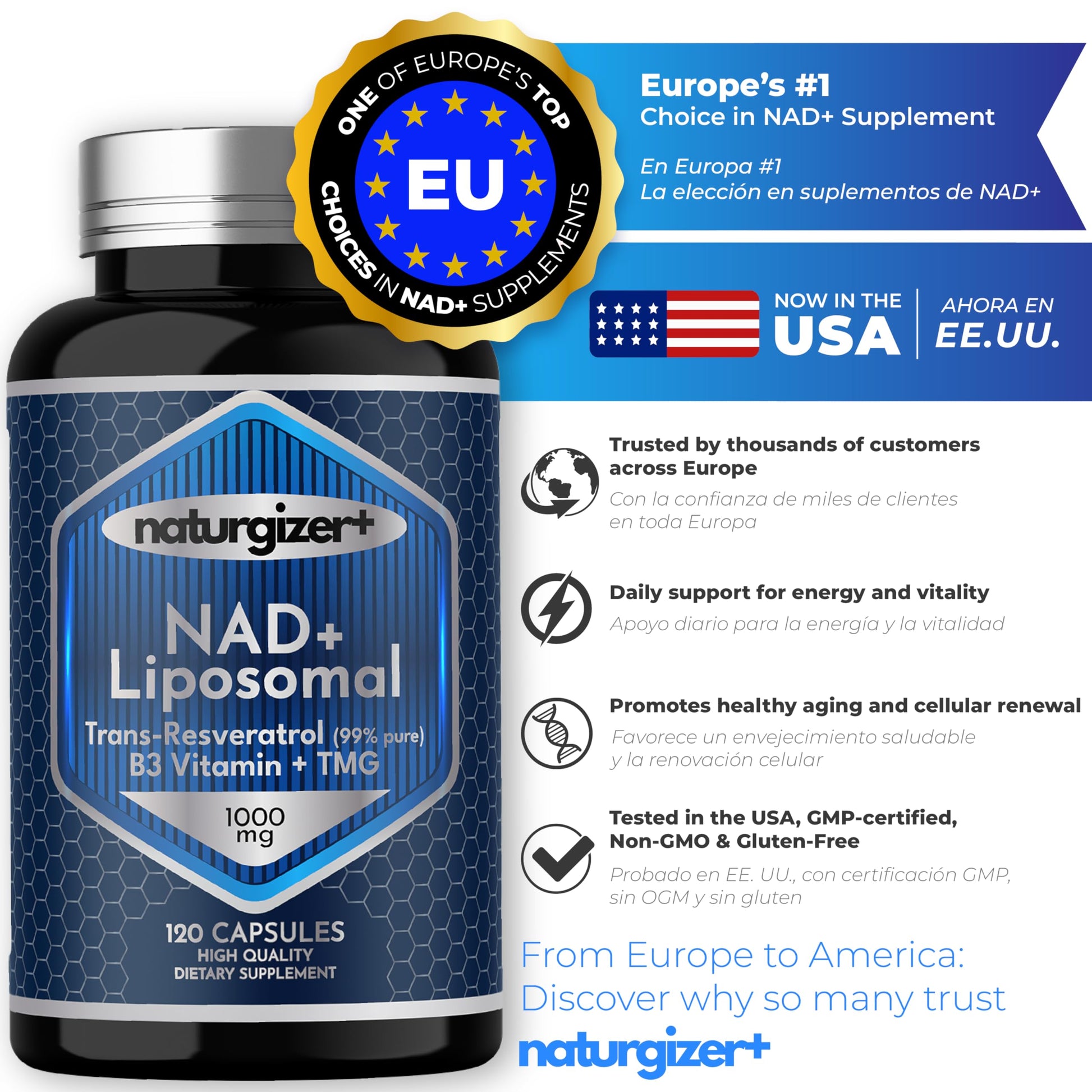 naturgizer+ Liposomal NAD+ Supplement with Resveratrol, TMG & Vitamin B3 | 4-in-1 Healthy Aging & Cellular Energy Support | High Absorption NAD Plus for Men & Women Over 40 | 120 Capsules naturgizer+Au supplements