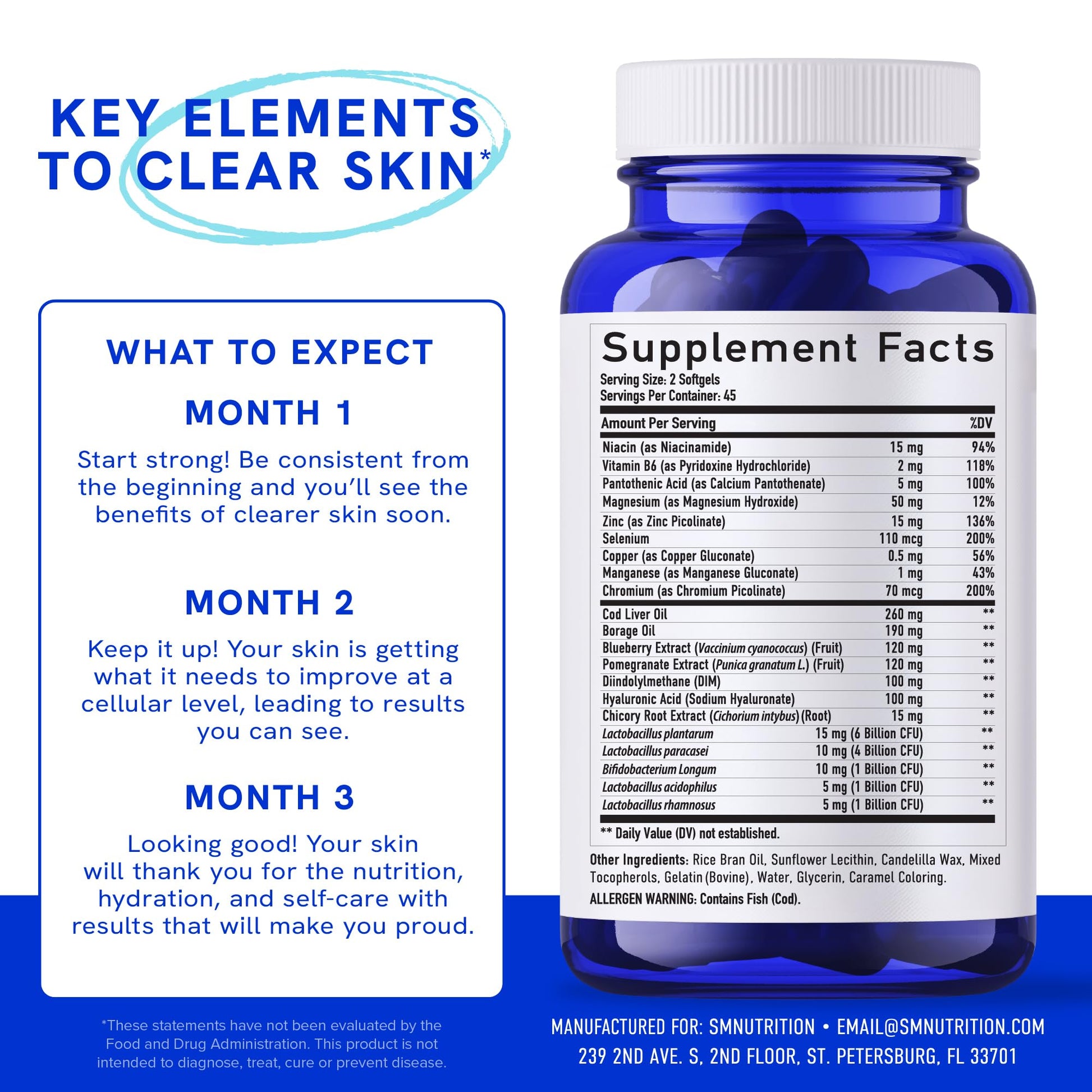 Clear Skin Supplement with Zinc, DIM & Probiotics | 3-in-1 Balance, Glow & Health Skin Support | Triple Action Hyaluronic Acid, Niaciminide & Vitamins for Hormone, Complexion & Gut Support | 180 Ct SMNutritionAu supplements
