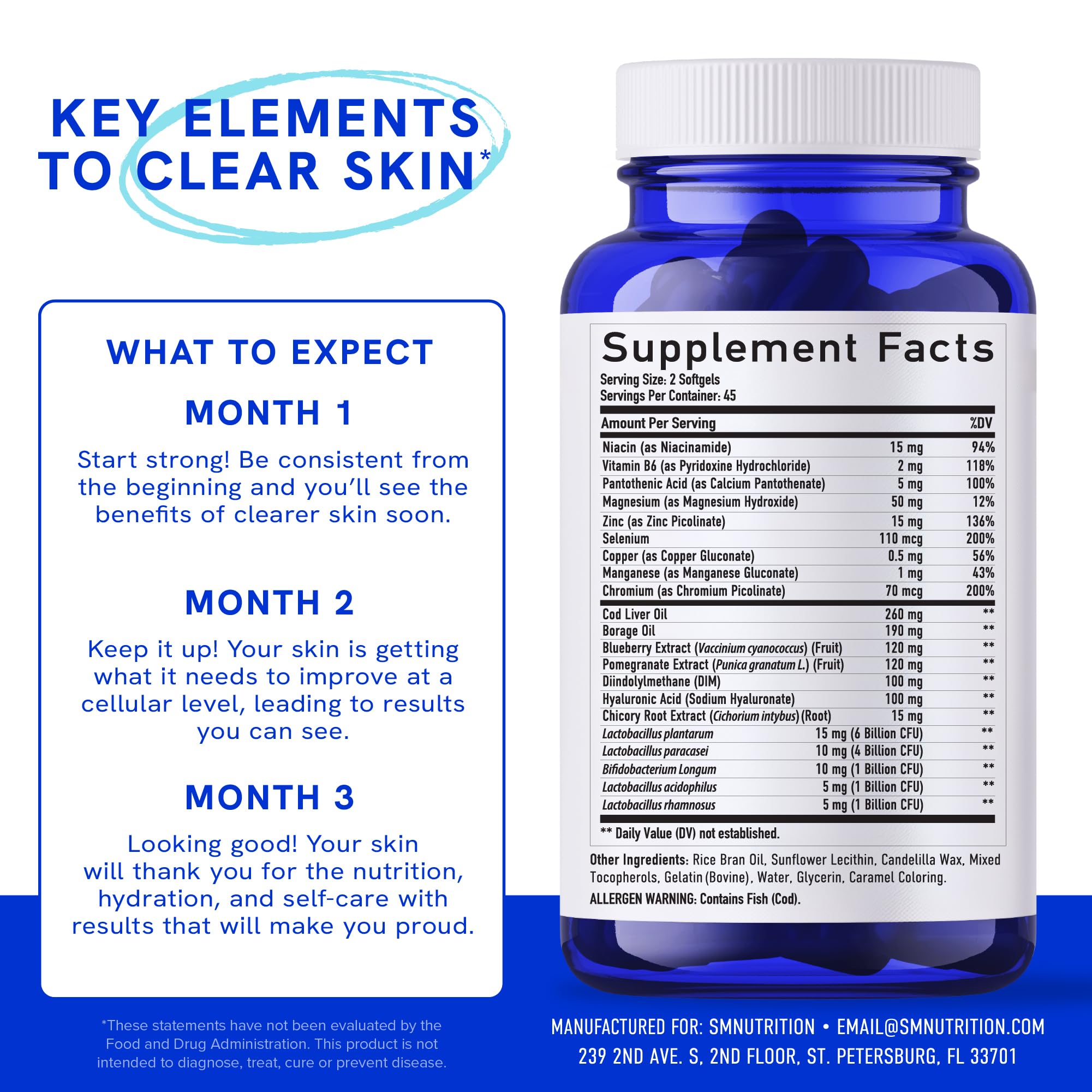 Clear Skin Supplement with Zinc, DIM & Probiotics | 3-in-1 Balance, Glow & Health Skin Support | Triple Action Hyaluronic Acid, Niaciminide & Vitamins for Hormone, Complexion & Gut Support | 180 Ct SMNutritionAu supplements