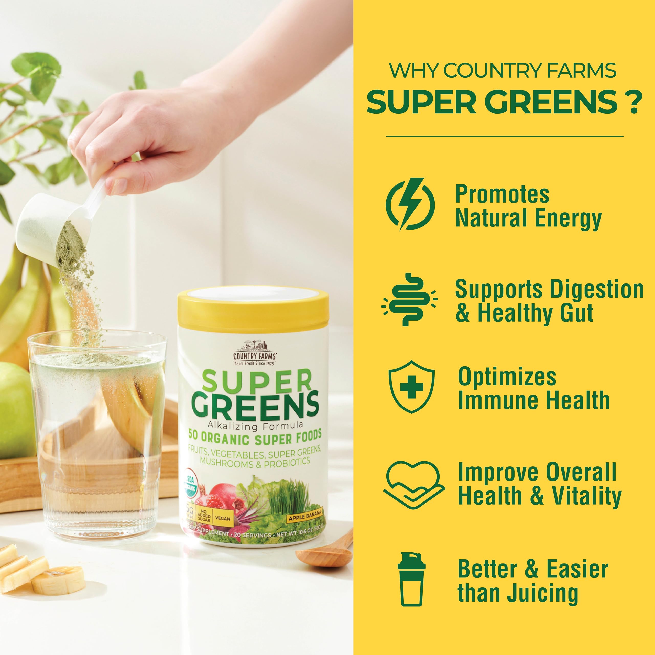 Country Farms Super Greens Apple Banana Powder Smoothie, Organic Super Foods, USDA Organic Drink Mix, Fruits, Vegetables, Mushrooms, Superfood Nutrition, 40 Servings, 2 Pack Country FarmsAu supplements