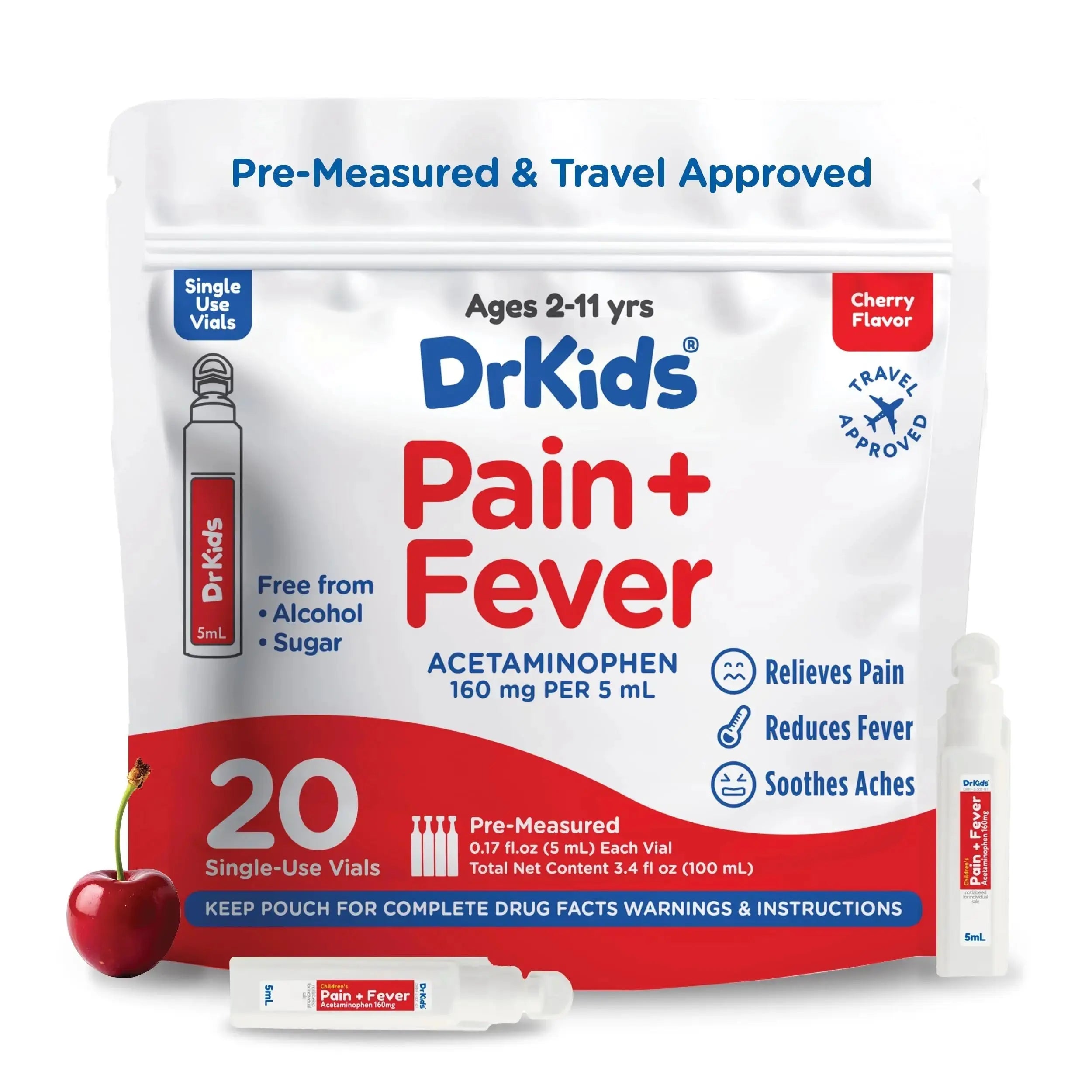 Dr. Kids Children’s Pain and Fever Medicine - Acetaminophen for Kids Ages 2-11, Pre-Measured Single-Use Vials for Headache, Sore Throat, Cold and Flu, Cherry Flavor, 20 Count Dr. KidsAu supplements