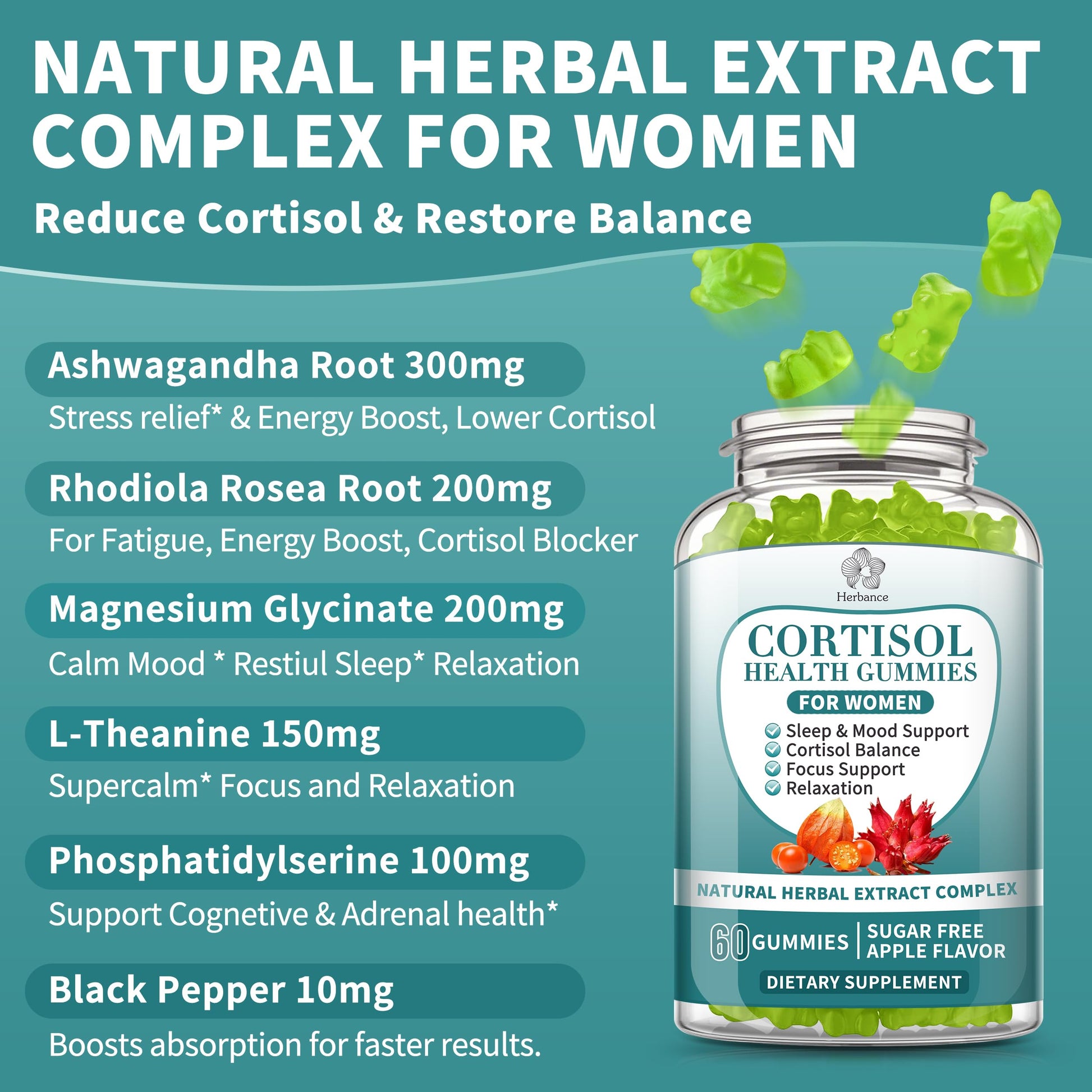 Cortisol Supplements Gummies for Women, Cortisol Reducer w.Ashwagandha Rhodiola Rosea Magnesium L-Theanine Phosphatidylserine Black Peper, Hormone Balanced & Lower Cortisol - 30 Day Vegan Supply HerbanceAu supplements
