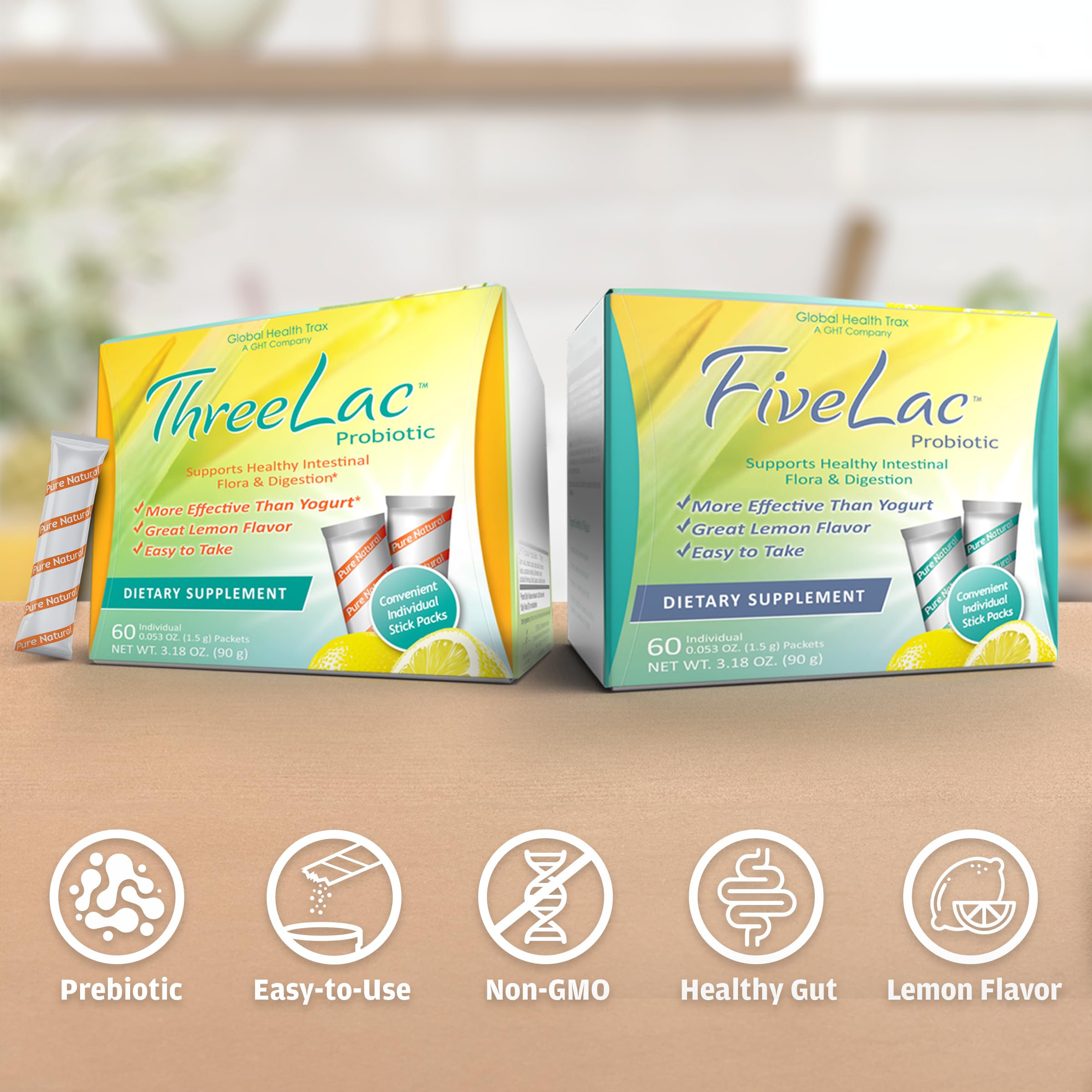 Global Health Trax GHT - FiveLac + Threelac Lemon Probiotic Powder Drink Mix, Probiotics for Women, Men, Kids, Smooth Digestive Support & Elimination, Relieves Constipation & Gas - 60 Packets, Non-GMO ght Global Health TraxAu supplements