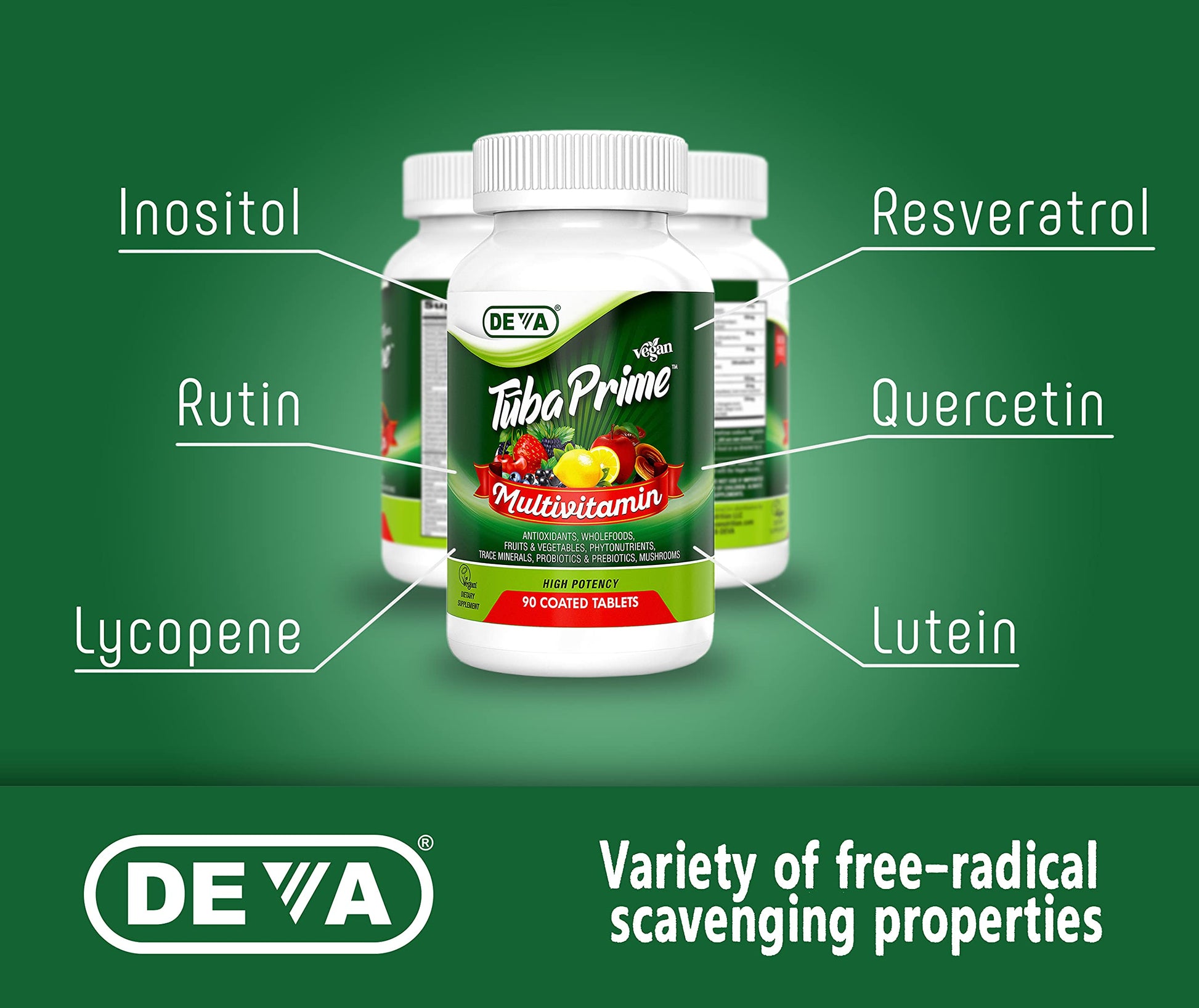 DEVA Tuba Prime Vegan Multivitamin - High-Potency Vitamin and Mineral Dietary Supplement - Antioxidants, Fruit and Vegetable Blend, Super Mushrooms, Probiotics, Prebiotics, Seeds, Herbs - 90 Tablets DEVAAu supplements