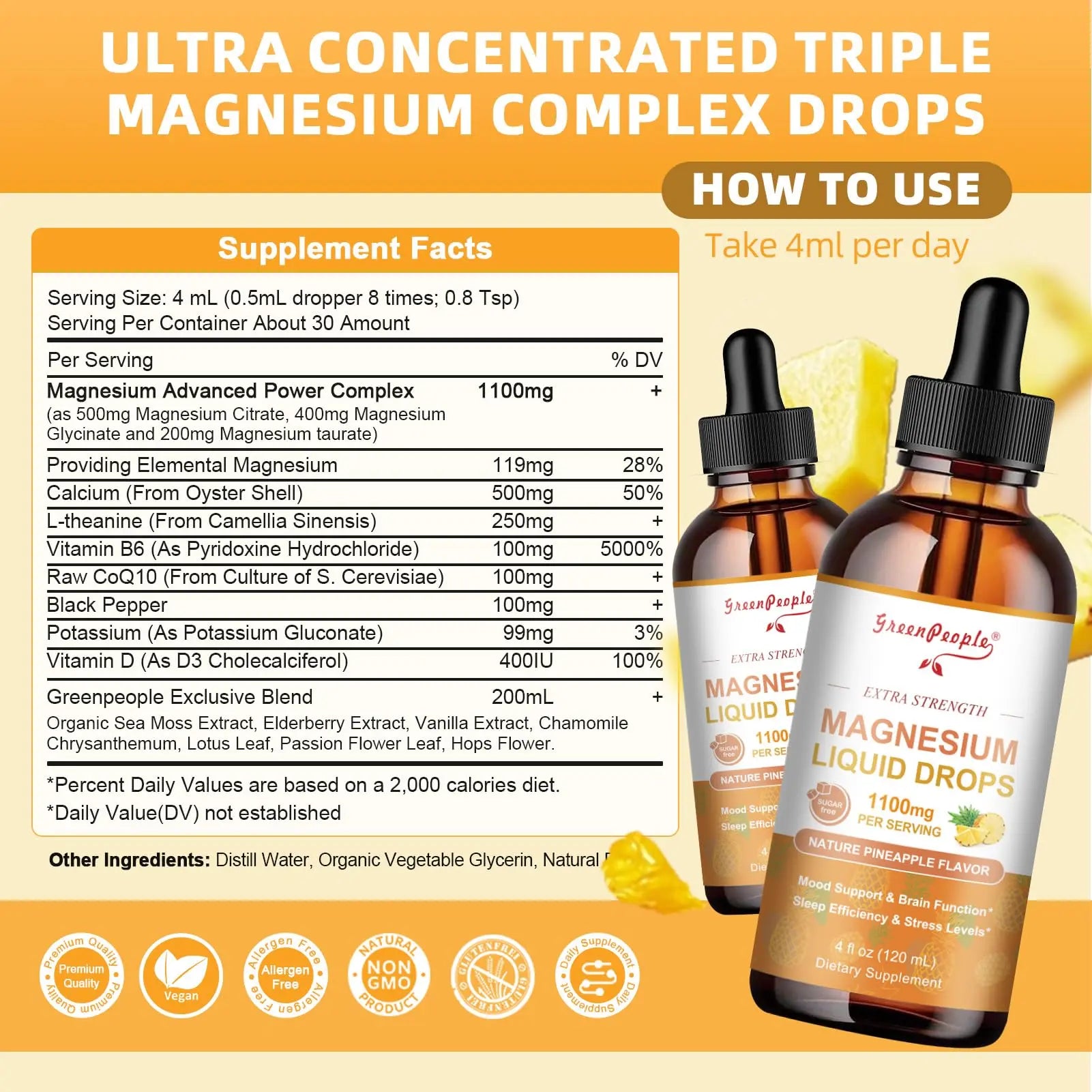 GREENPEOPLE 17-in-1 Triple Magnesium Complex Supplement,Magnesio Liquid Drops with Magnesium Glycinate & Citrate,Pineapple Flavor,Calm Mood,Muscle & Sleep for Adults,4 fl. oz 2Pack GREENPEOPLEnz supplements