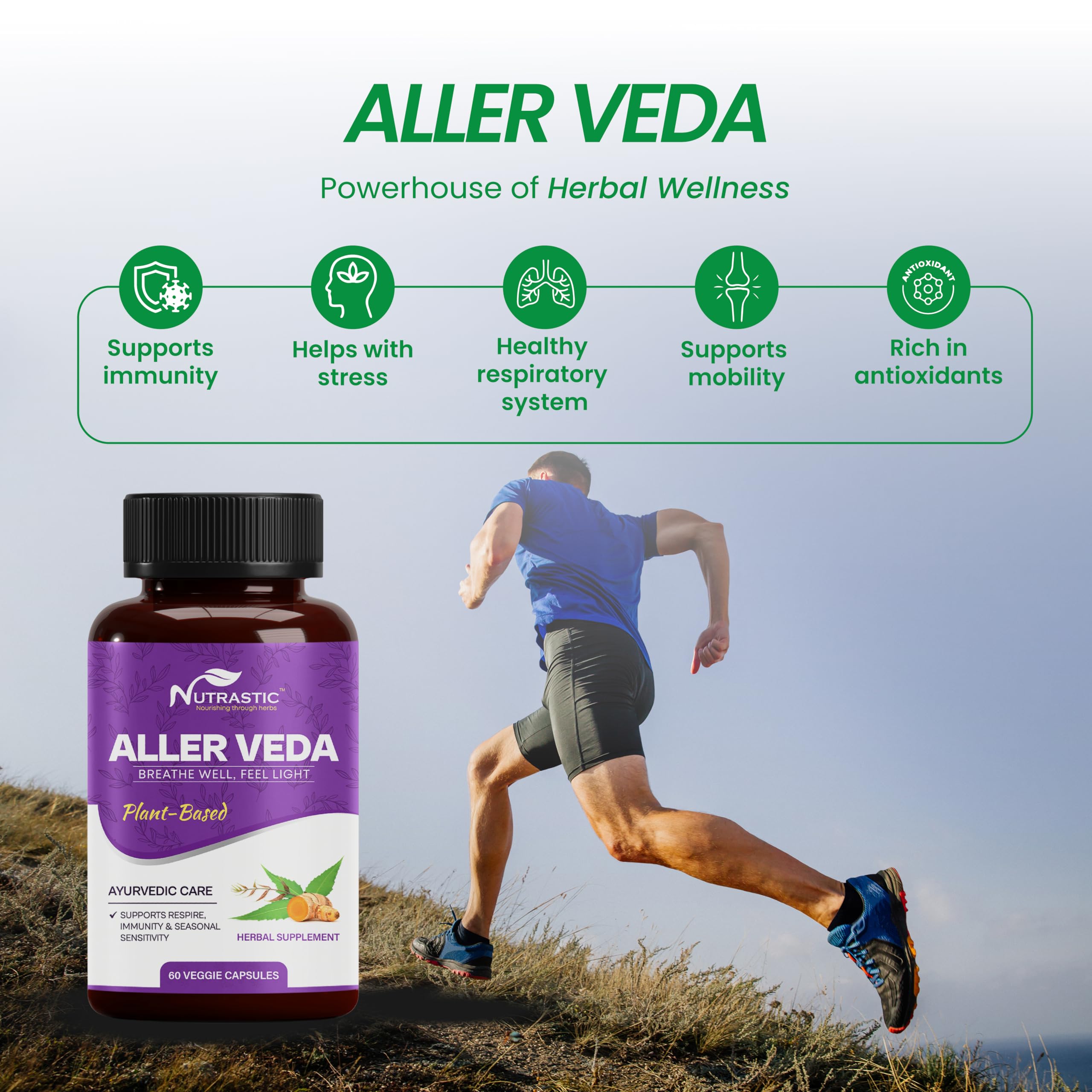 Nutrastic Aller Veda Respiratory Wellness Supplement with Pure Tulsi, Amla, Turmeric, and Neem | Natural Support for Healthy Breathing | 60 Caps NutrasticAu supplements