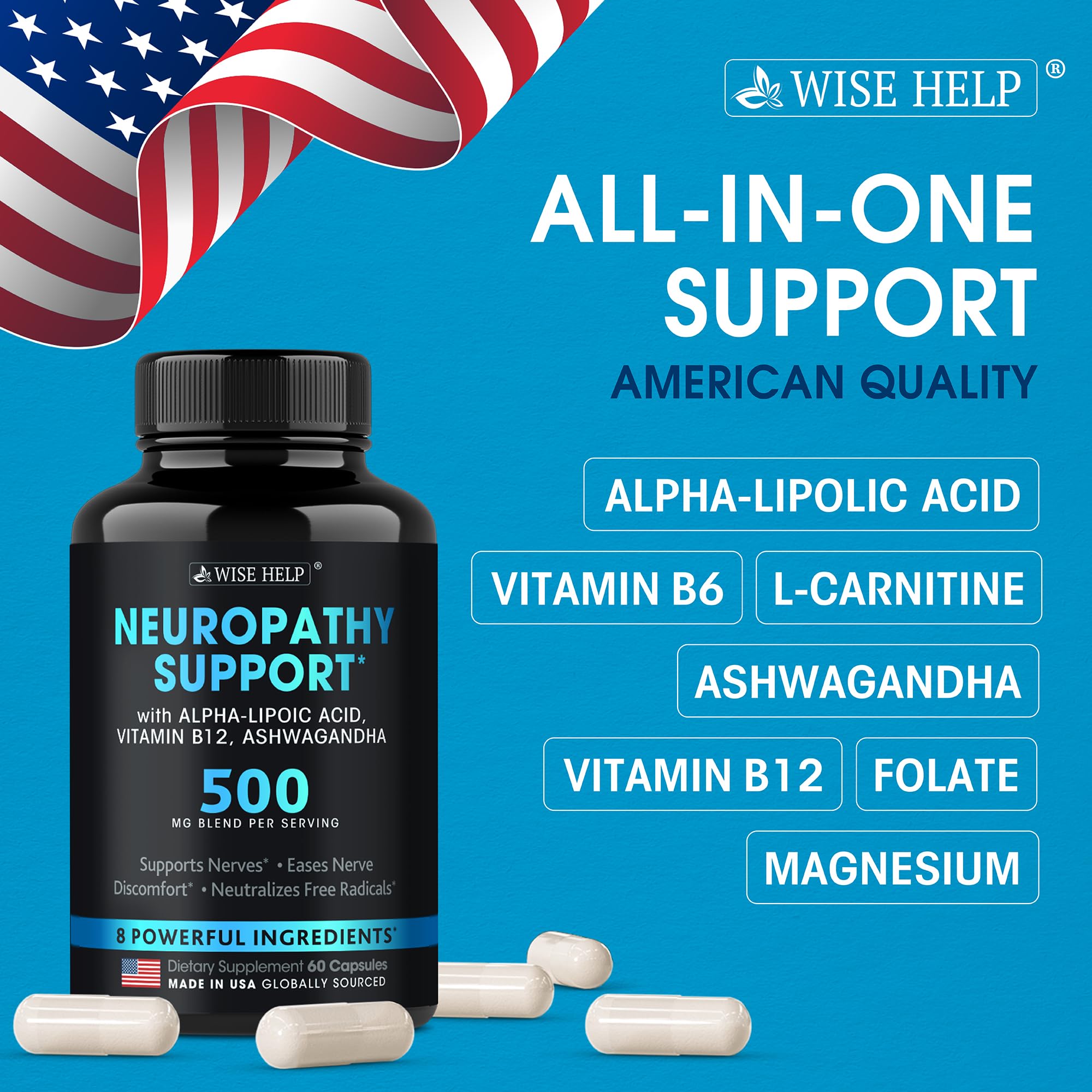 Neuropathy Support Natural Nerve Discomfort Relief - Made in USA - Nerve Antioxidant for Trigeminal Neuralgia, Diabetic & Peripheral Neuropathy - Hands, Neck, Feet & Toes Treatment Formula - Pack of 2 WISEHELPAu supplements