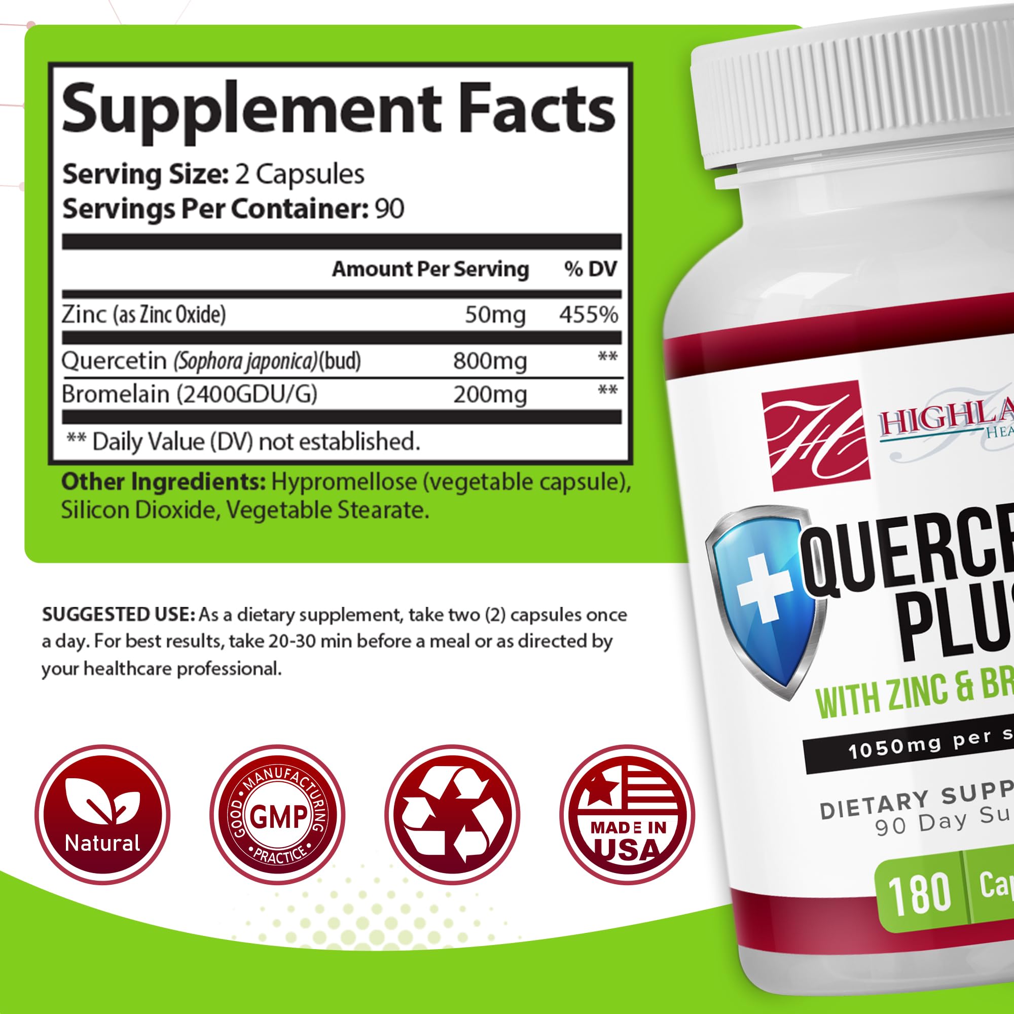 Highland Health Foods Quercetin Plus Bromelain and Zinc 180 Capsules - Immune Support Supplement for Adults, Teens, Seniors - Quercetin with Bromelain for Immune Support Highland Health FoodsAu supplements
