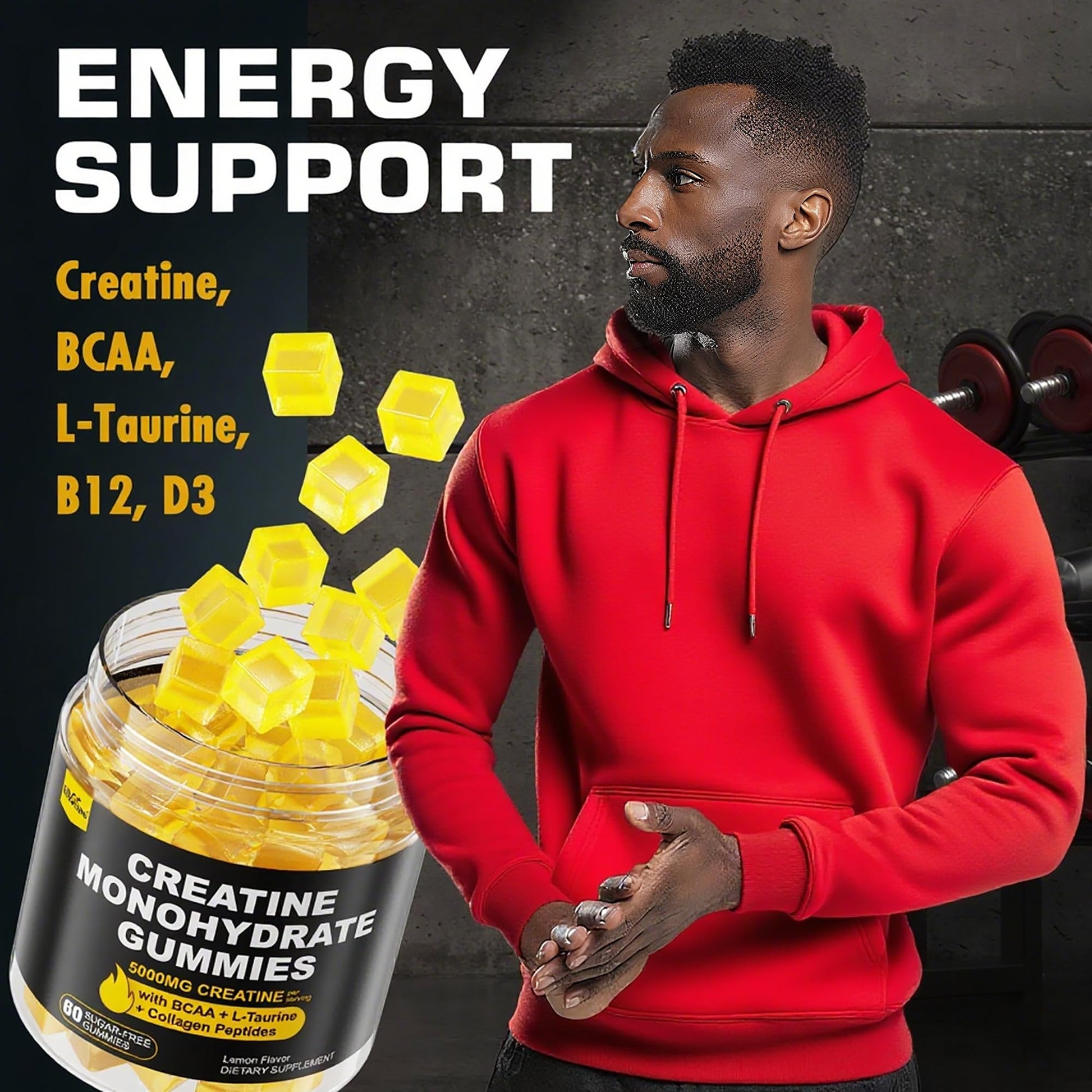 Creatine Monohydrate Gummies for Men & Women - with BCAA, Collagen Peptides, L-Taurine, Vitamin B12, D3, Chewables Creatine Monohydrate 5g Per Serving, Natural Lemon Flavor, Sugar Free, 2 Pack EnvyCureAu supplements